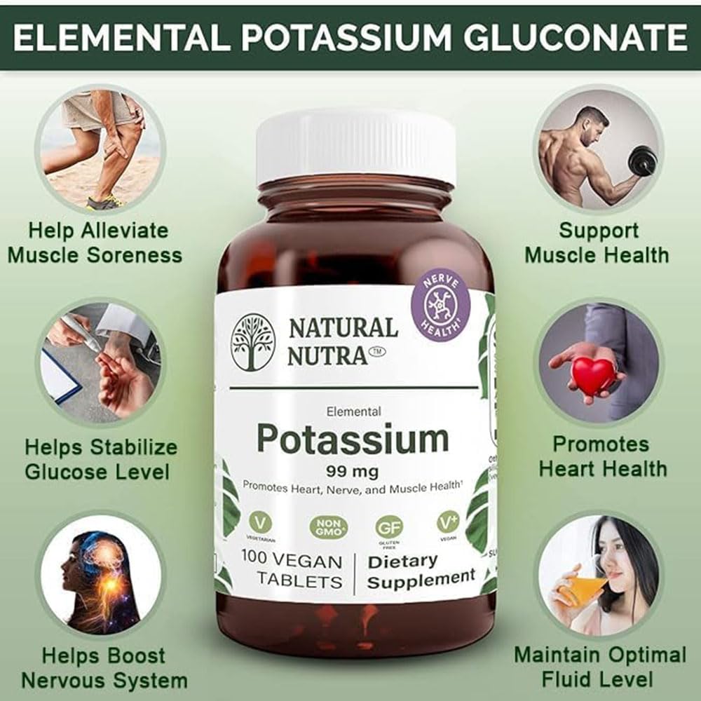 Natural Nutra Potassium Gluconate Supplement capsules displayed on a wooden surface