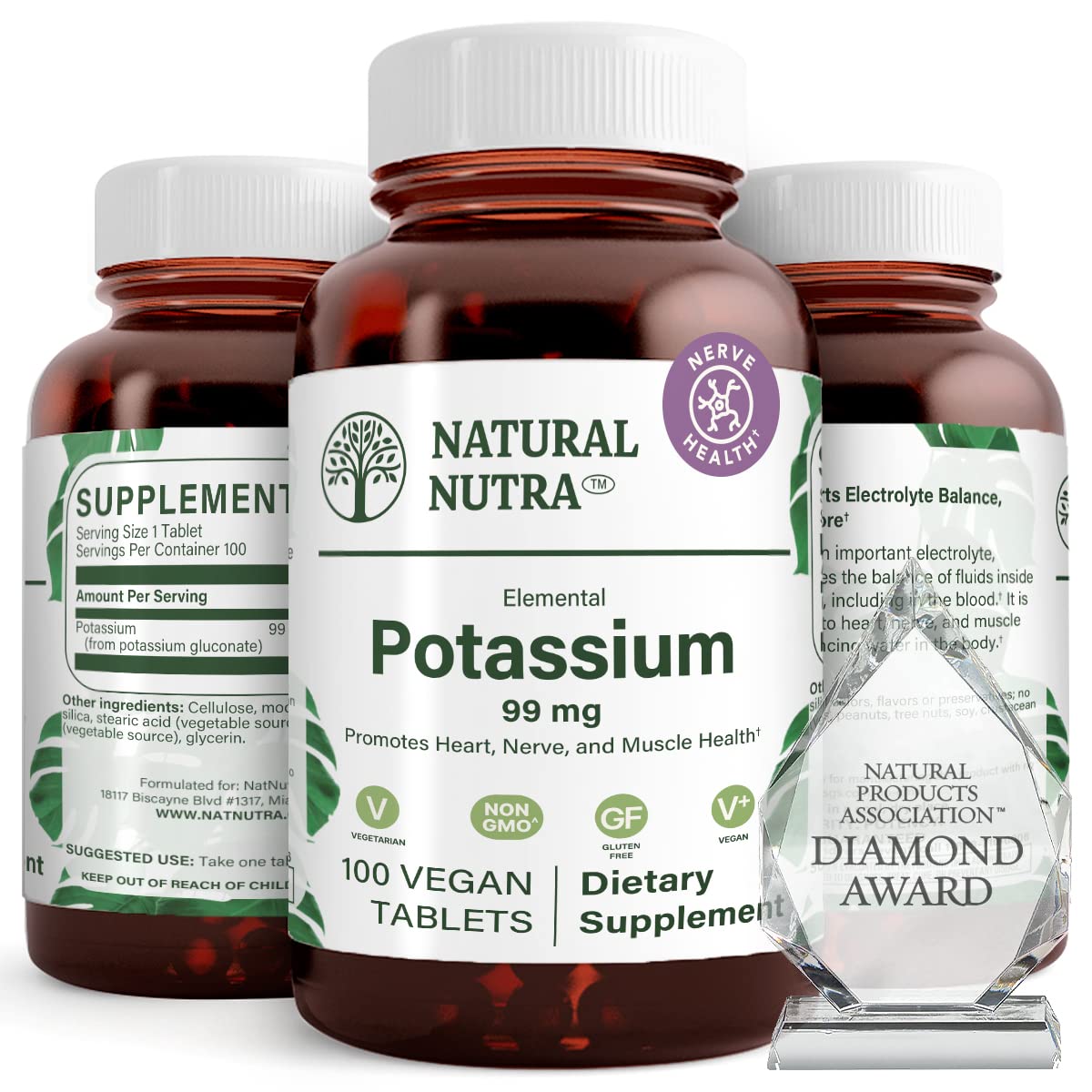 Natural Nutra Potassium Gluconate Supplement front view in amber glass bottle