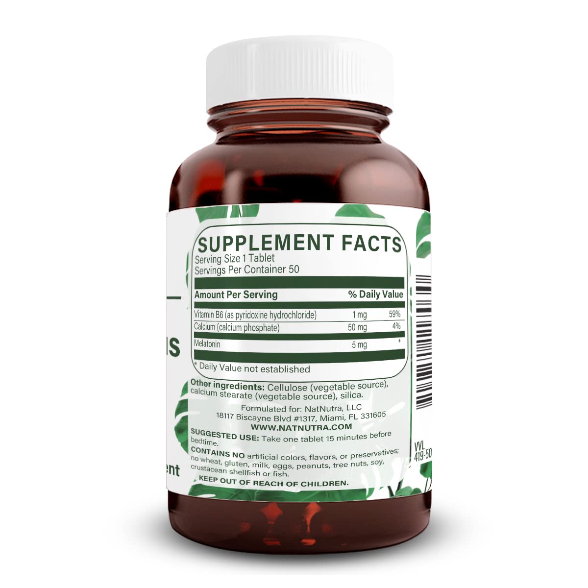 Natural Nutra Vegan Melatonin 5mg 50 tablets back view