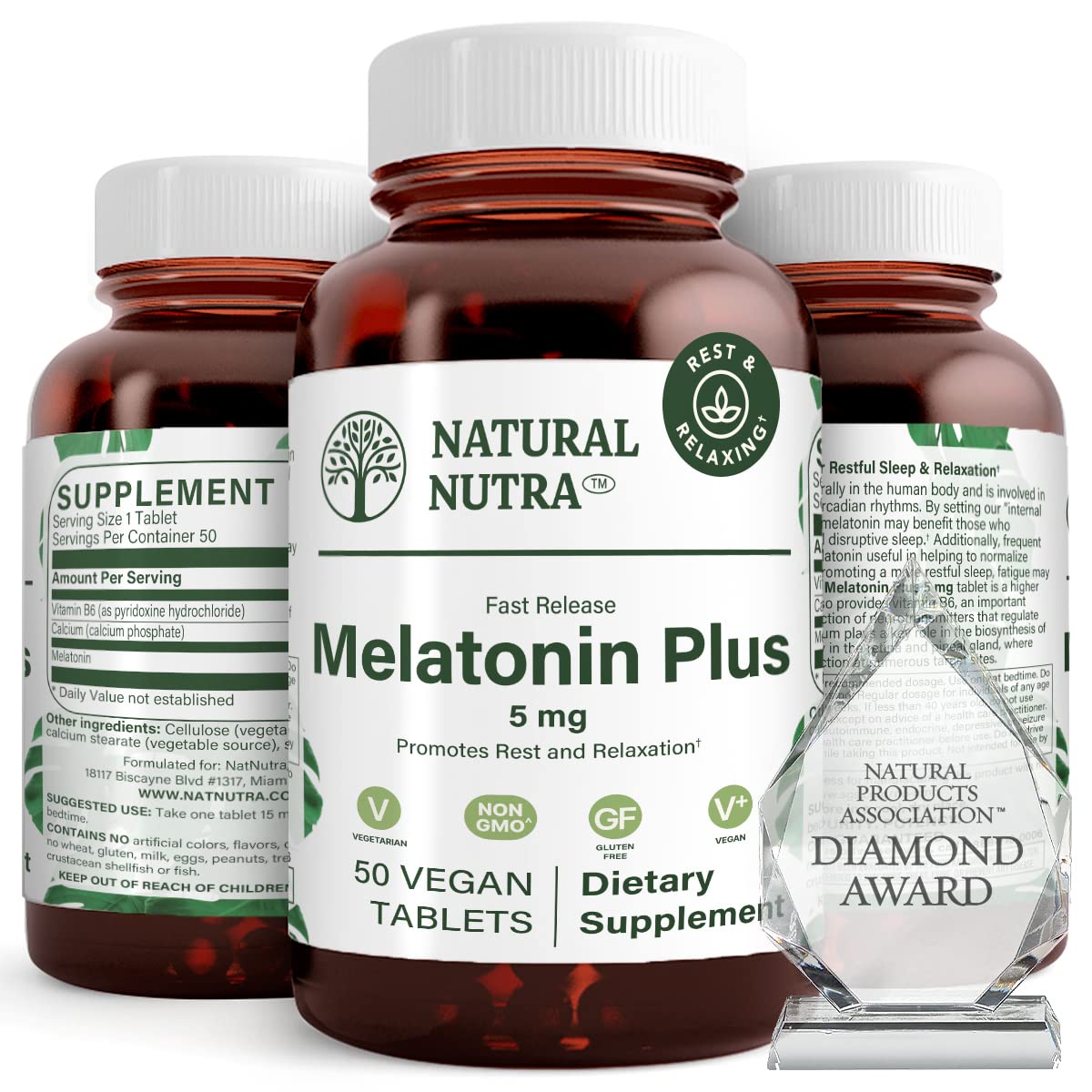 Natural Nutra Vegan Melatonin 5mg 50 tablets front view