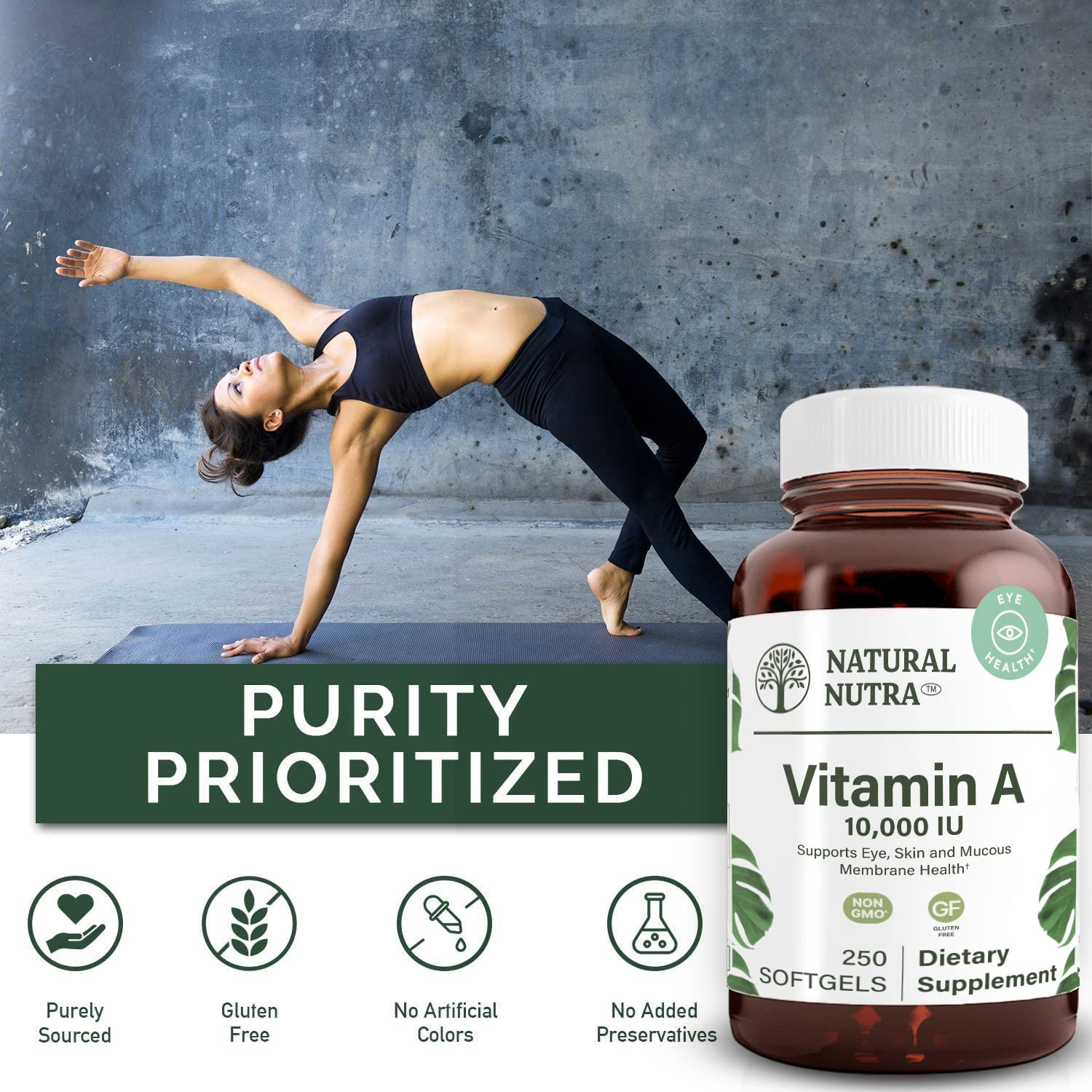 Natural Nutra Vitamin A Softgels on a wooden surface