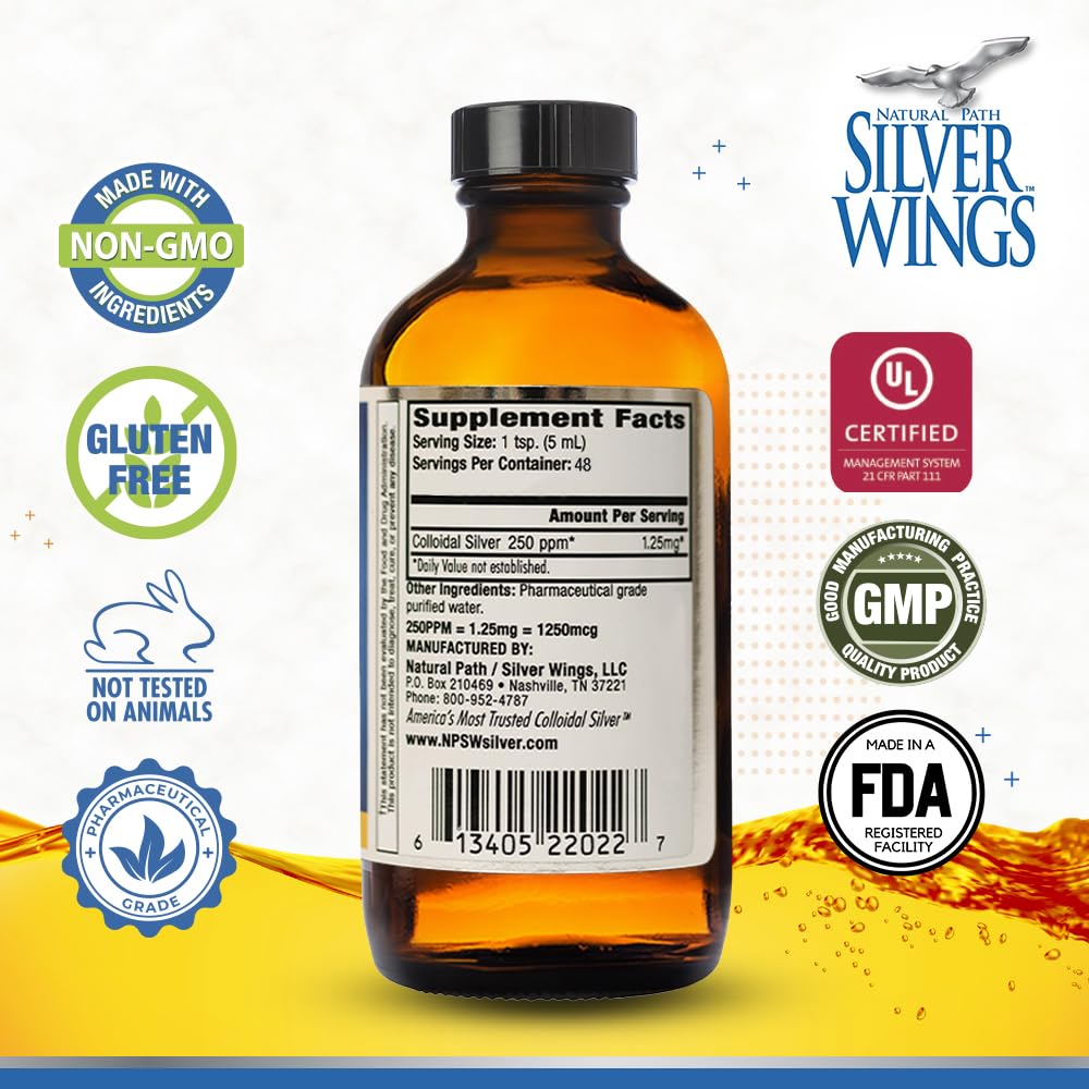 Natural Path Silver Wings Colloidal Silver 250ppm 68g bottle side view