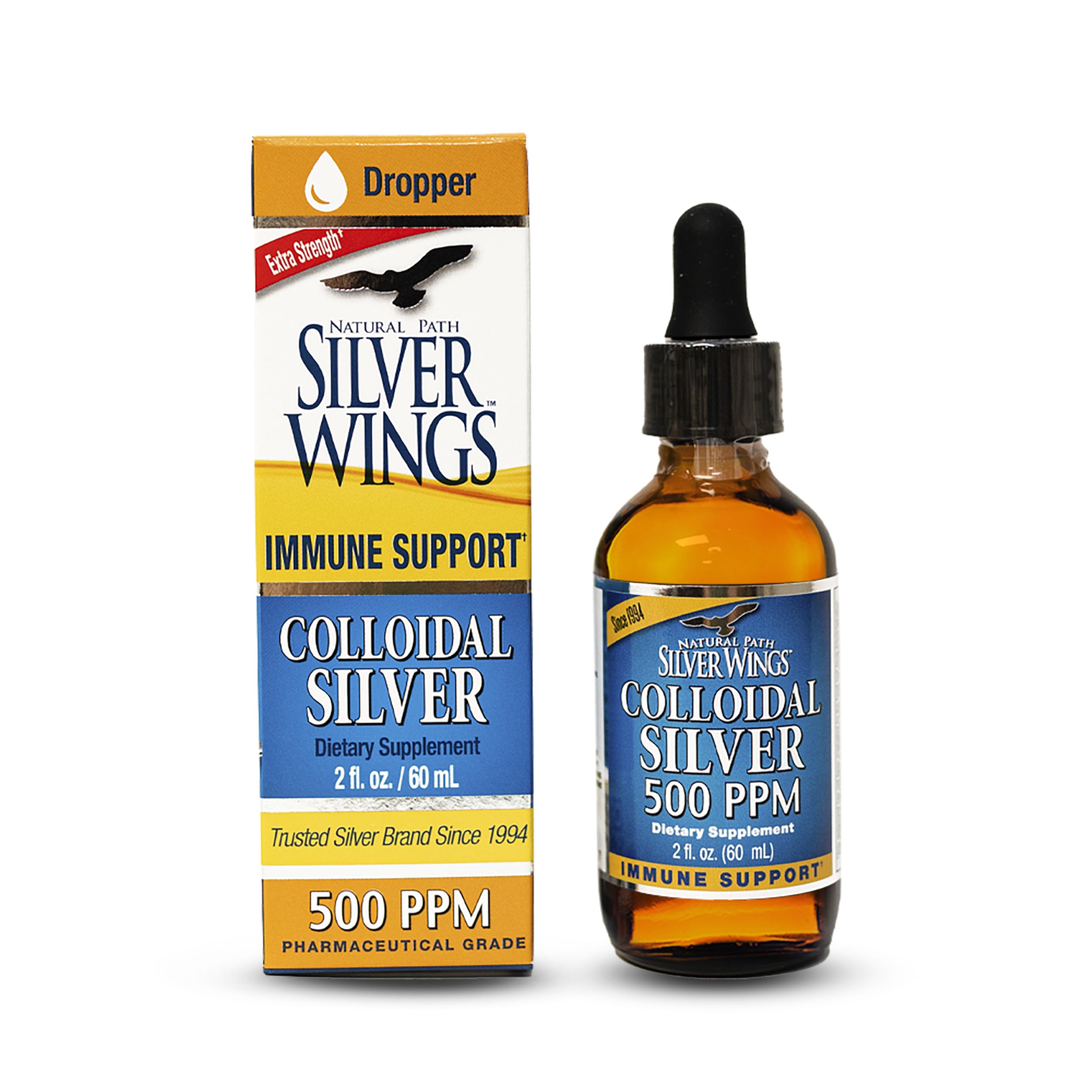 Natural Path Silver Wings Colloidal Silver 500ppm amber glass bottle front view