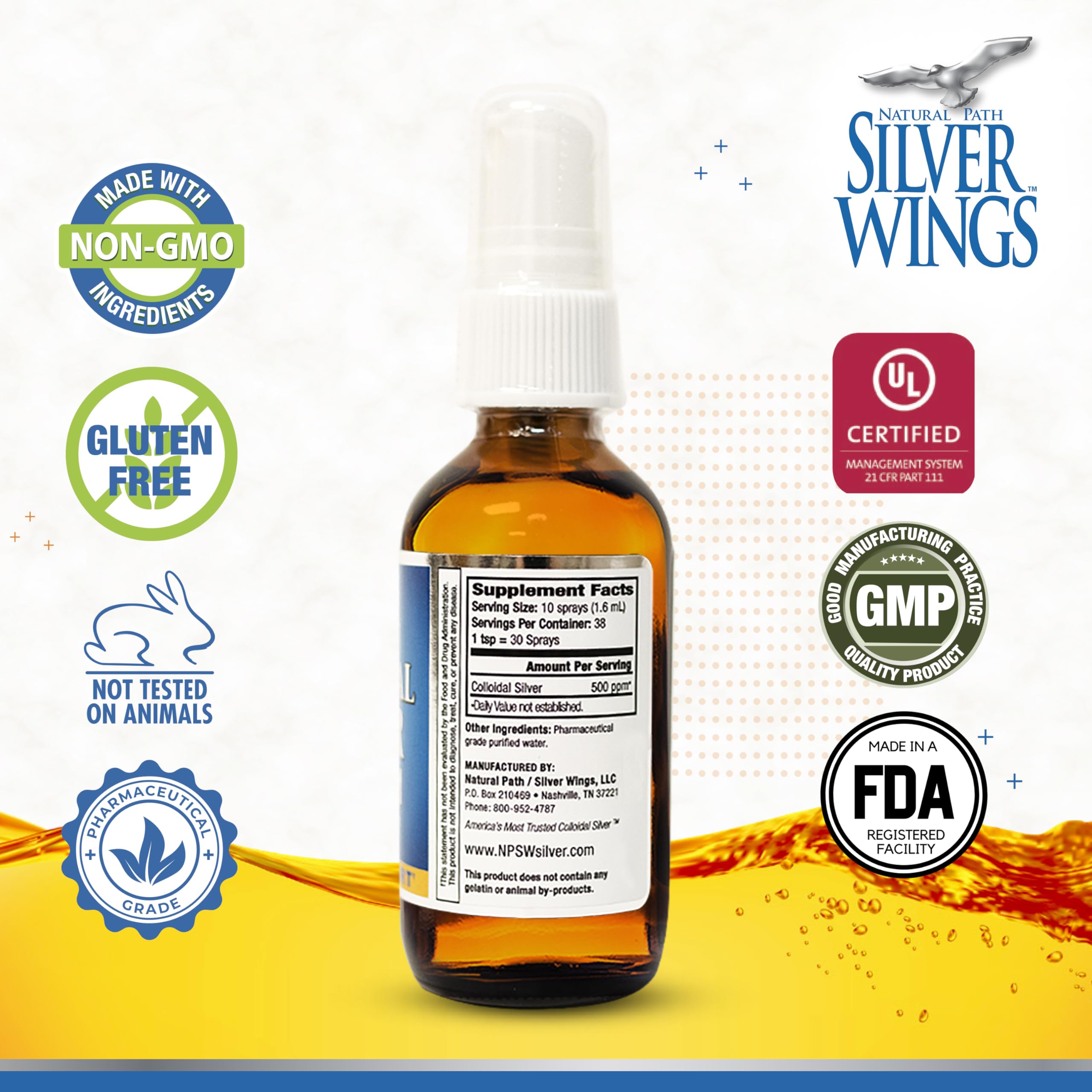 Natural Path Silver Wings Colloidal Silver 500ppm bottle side view