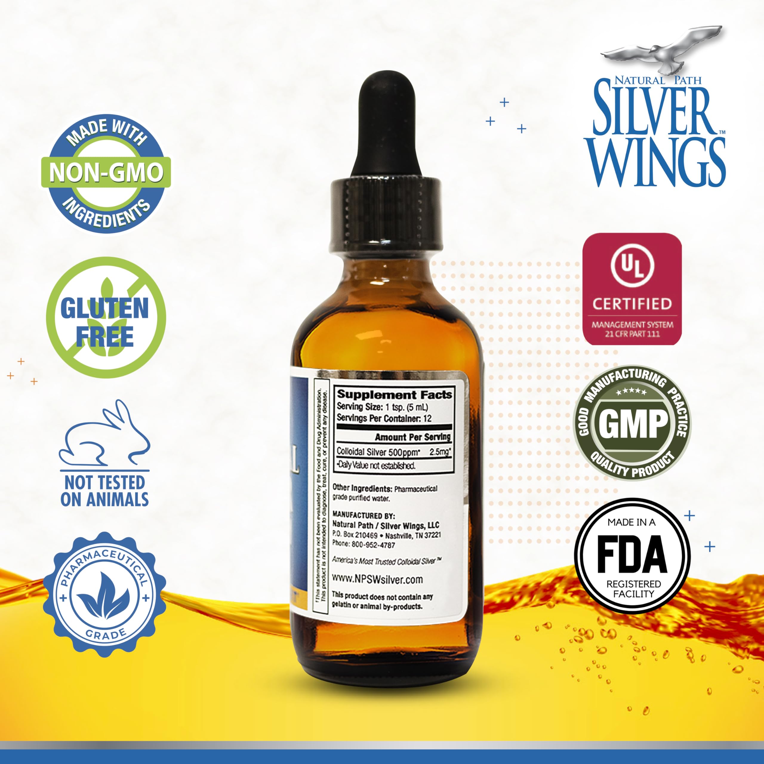 Natural Path Silver Wings Colloidal Silver 500ppm side view with label
