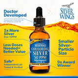 Natural Path Silver Wings Colloidal Silver 50ppm bottle on a wooden table
