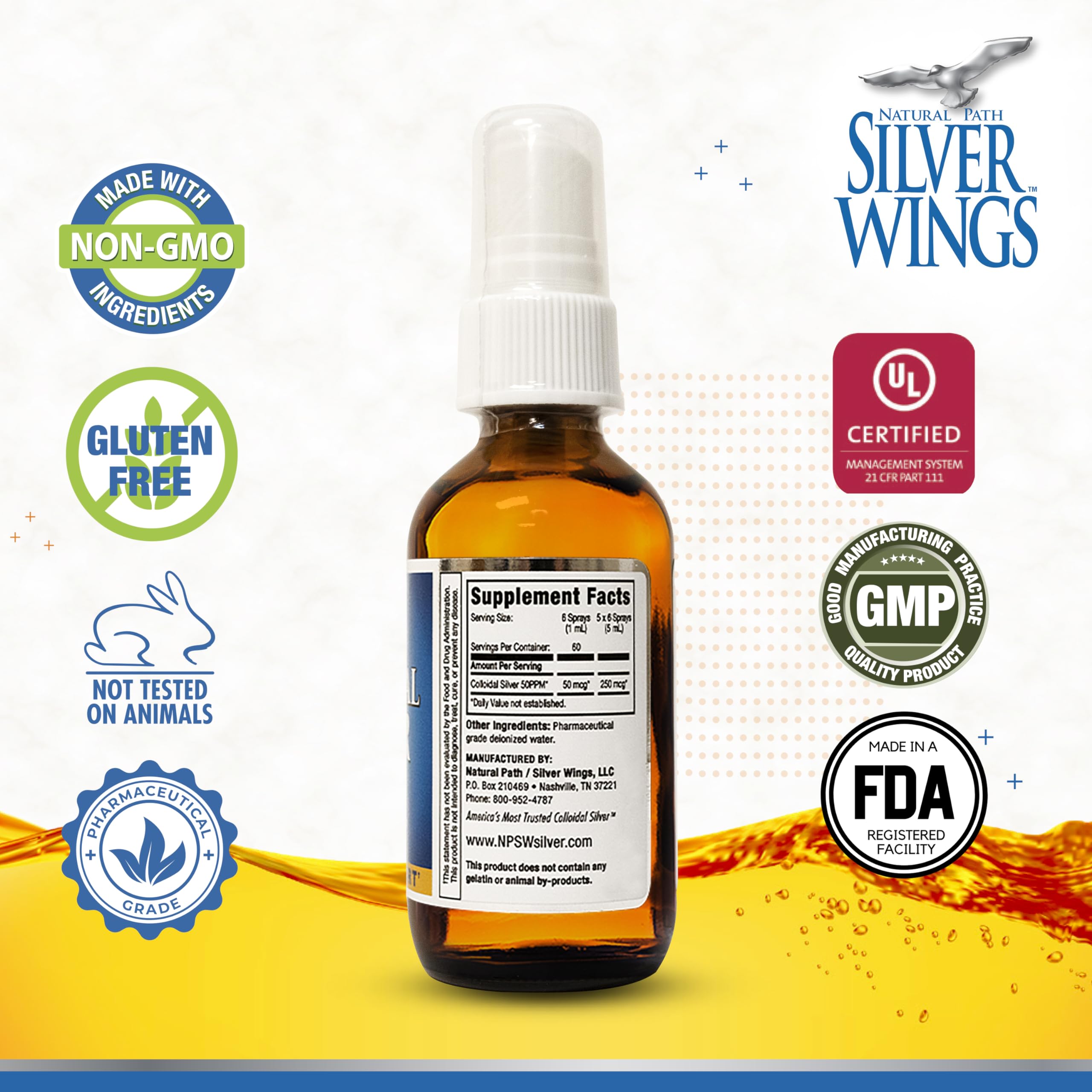 Natural Path Silver Wings Colloidal Silver 50ppm side view showing label