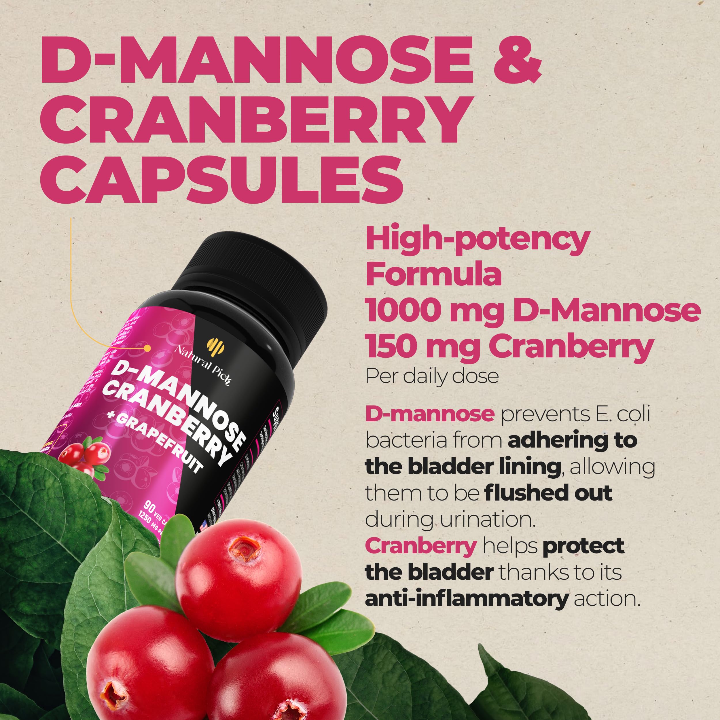 Natural Pick Cranberry D-Mannose Capsules with grapefruit and cranberry