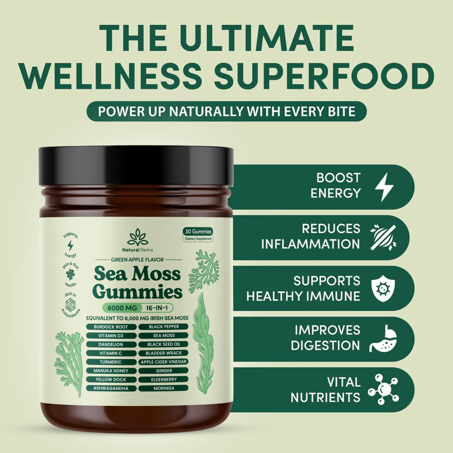 Natural Rems Sea Moss Gummies back view with nutritional information