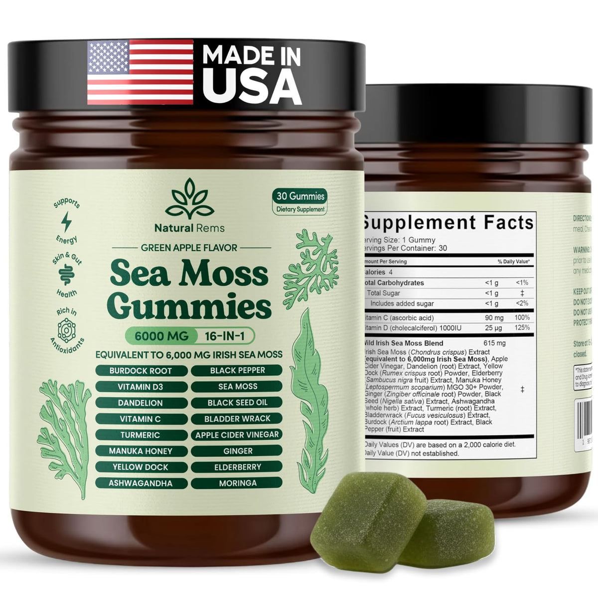 Natural Rems Sea Moss Gummies front view with packaging