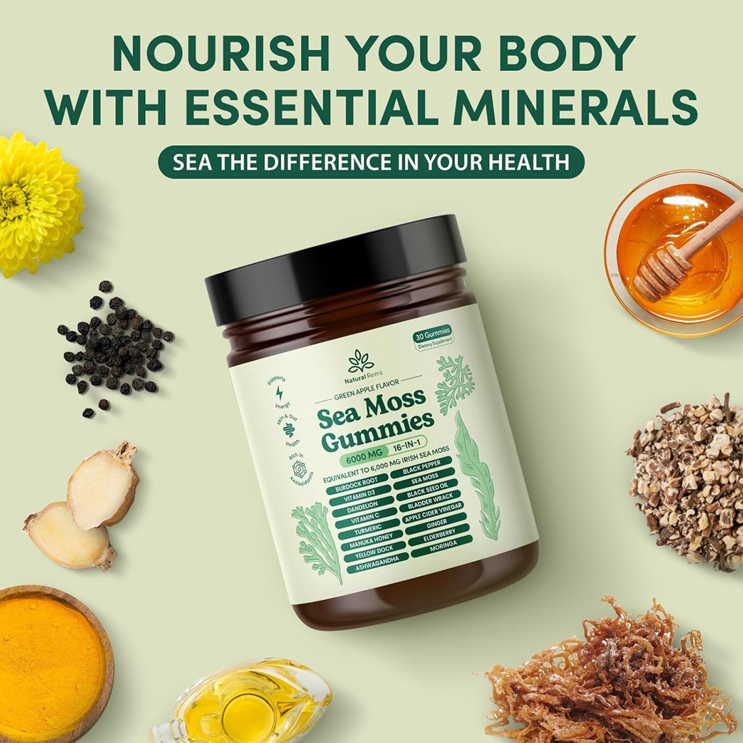 Natural Rems Sea Moss Gummies showing ingredients list