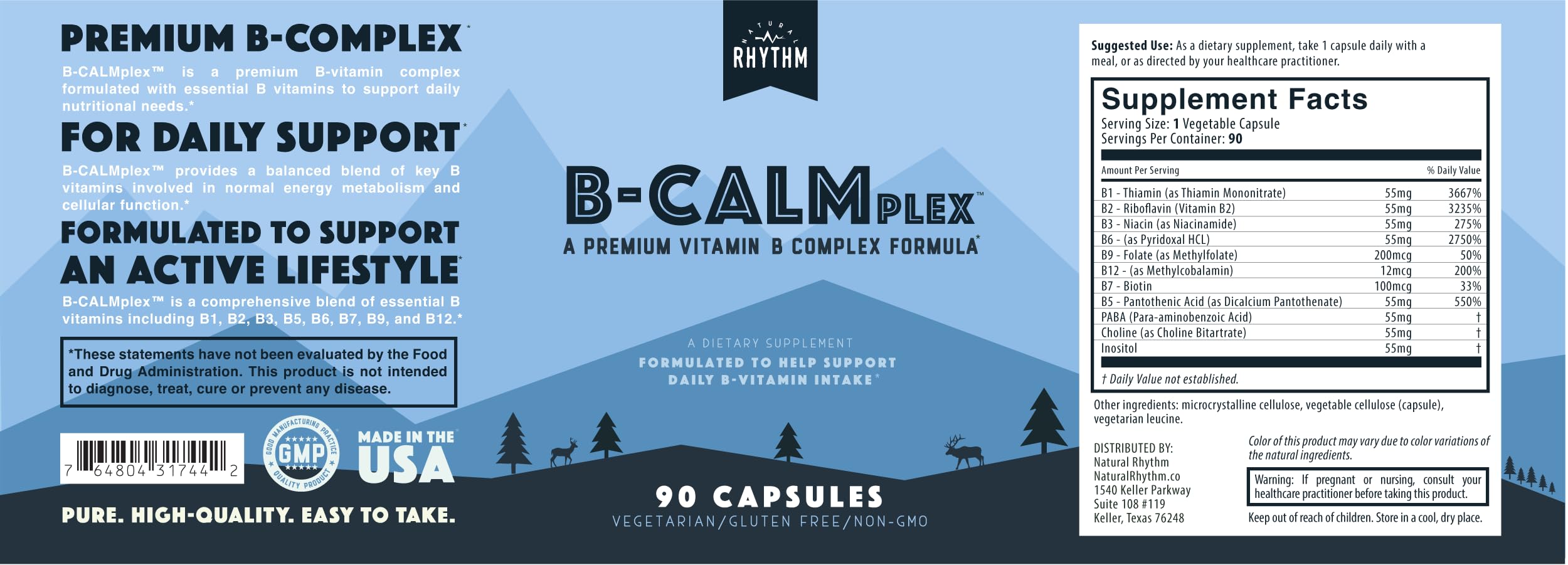 Natural Rhythm B-CALMplex B-Complex Vitamin Supplement on a wooden table