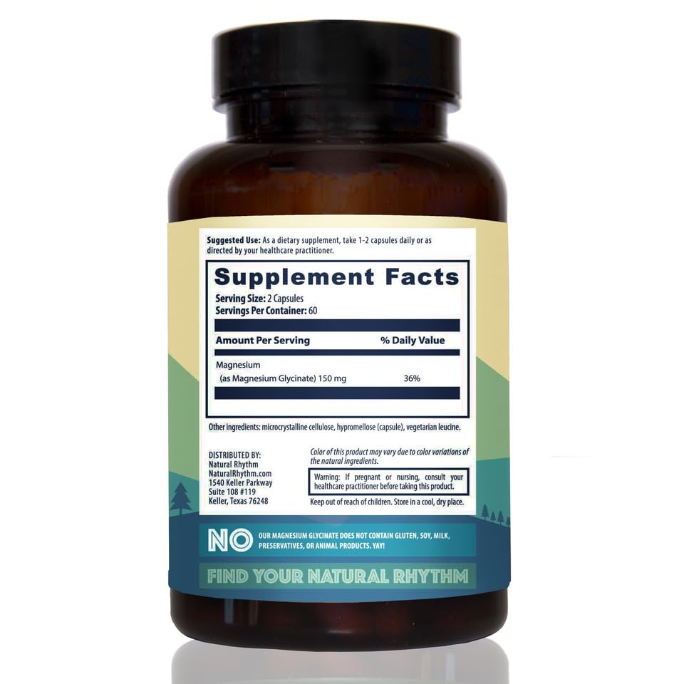 Natural Rhythm Magnesium Glycinate 150mg capsules on a wooden table