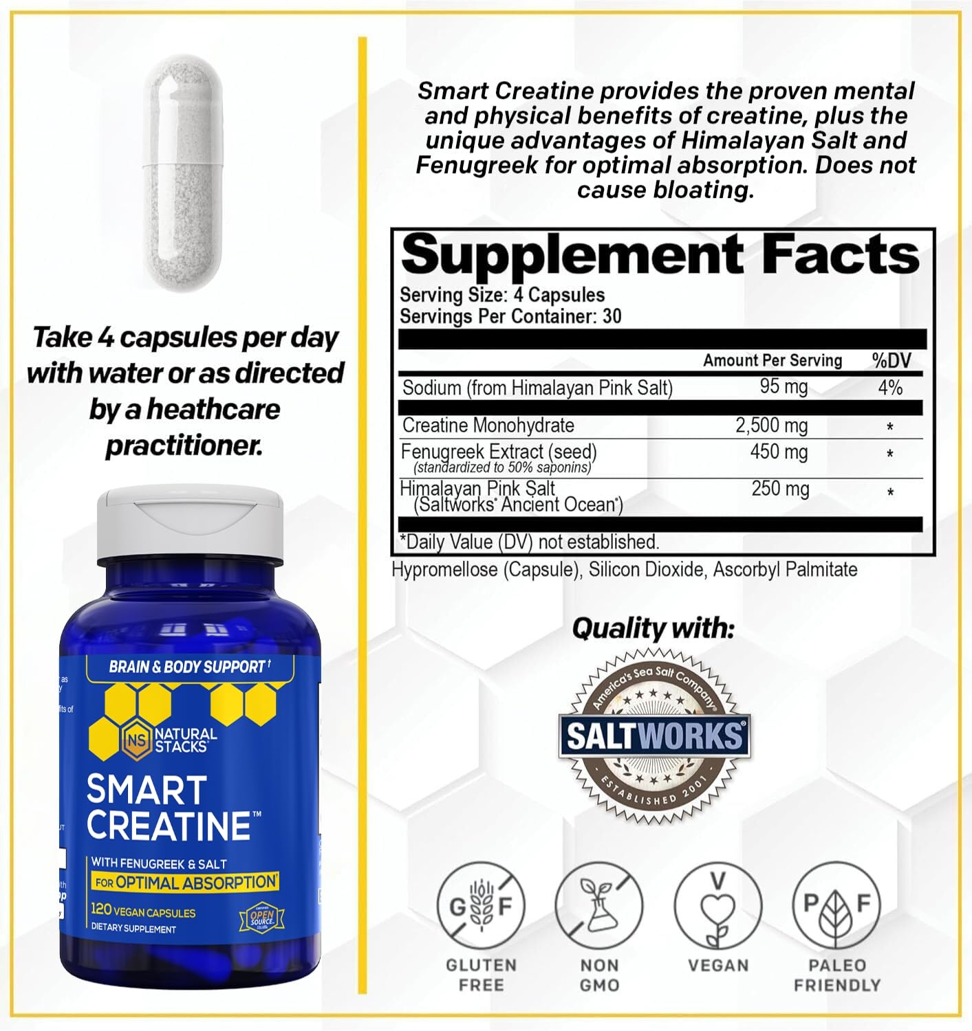 NATURAL STACKS Creatine Monohydrate Capsules bottle side view