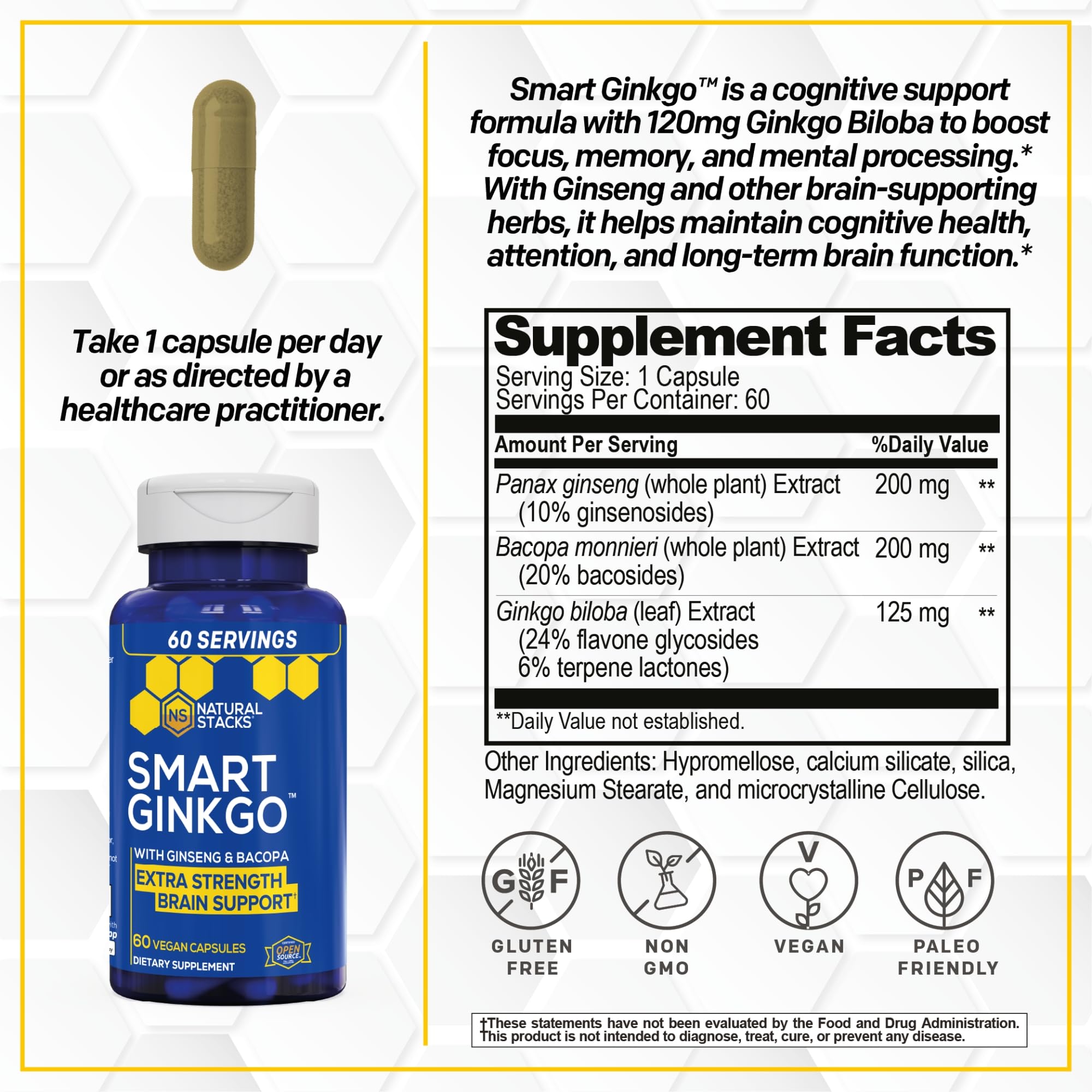 NATURAL STACKS Ginkgo+ Brain Support Supplement side view