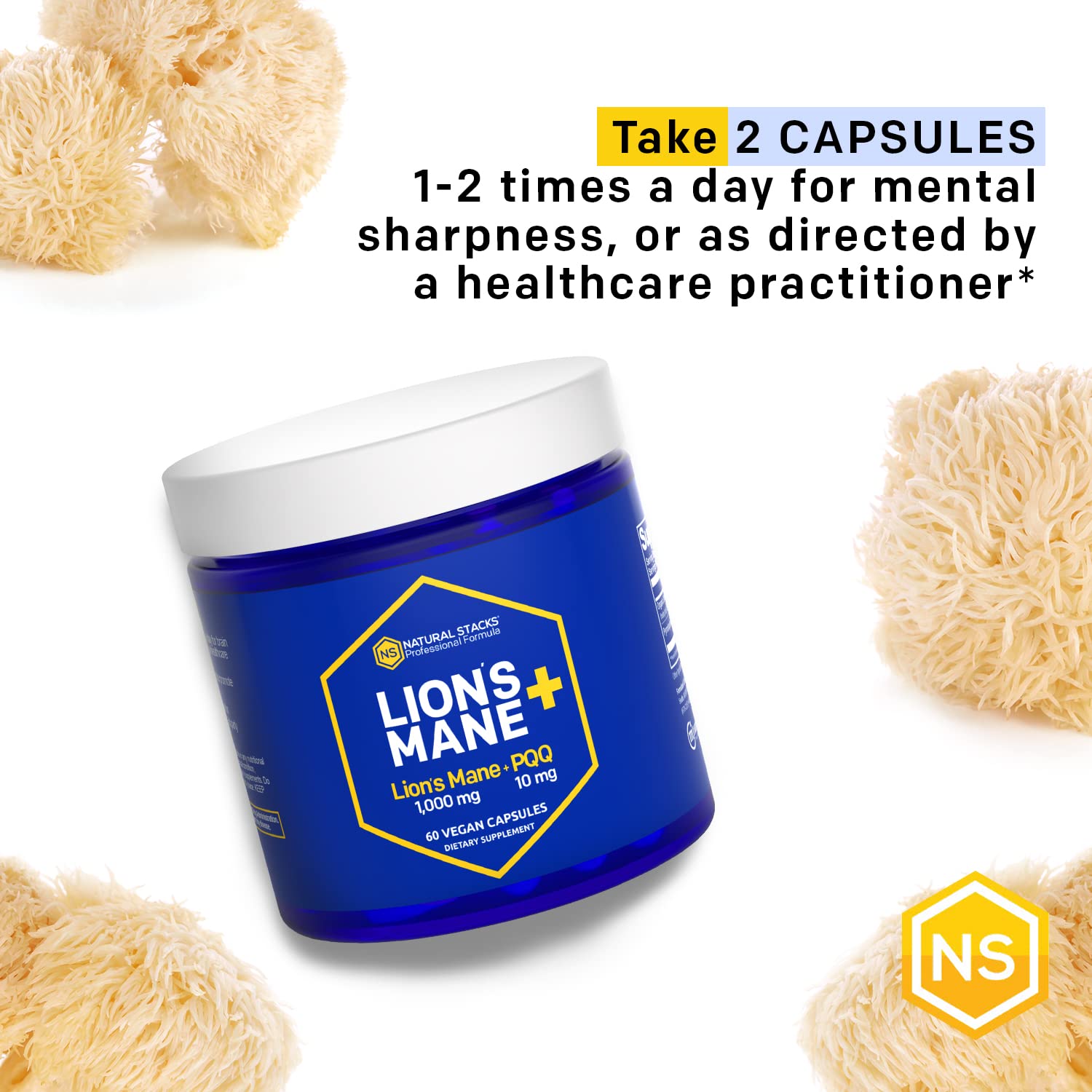NATURAL STACKS Lion’s Mane+ bottle with natural background