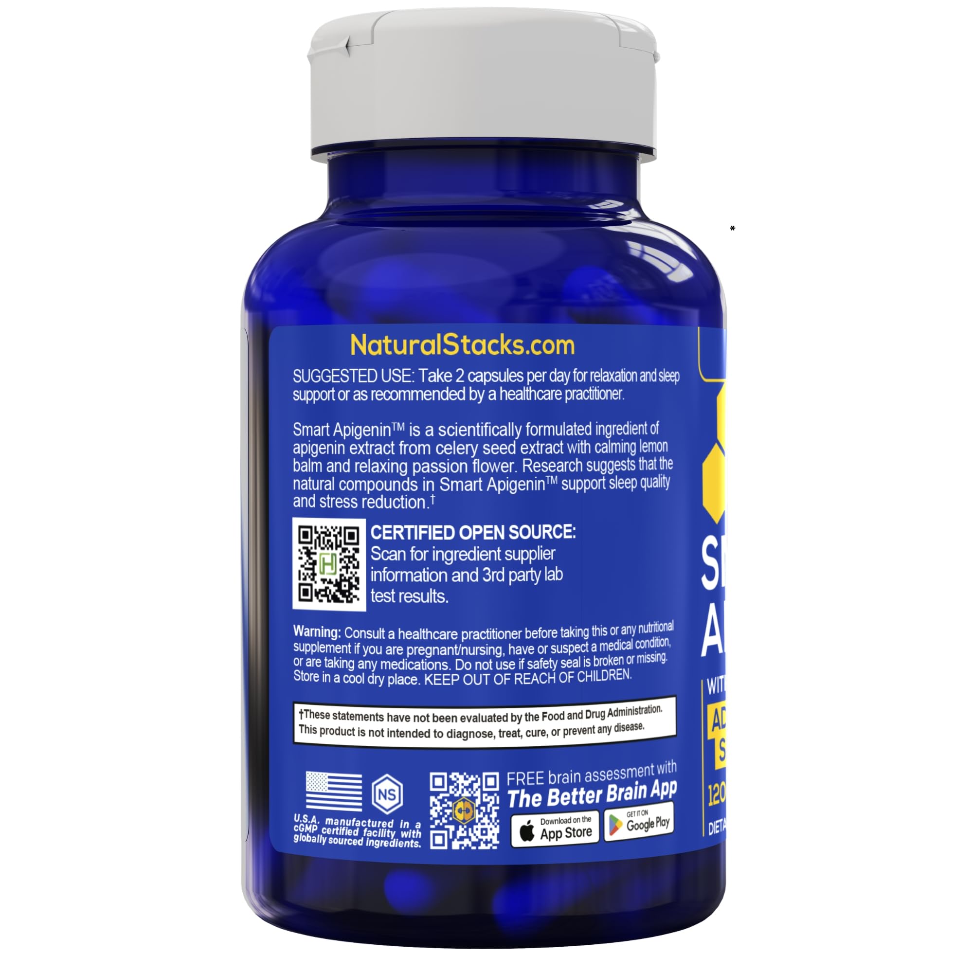 NATURAL STACKS logo on Smart Apigenin Sleep Supplement bottle