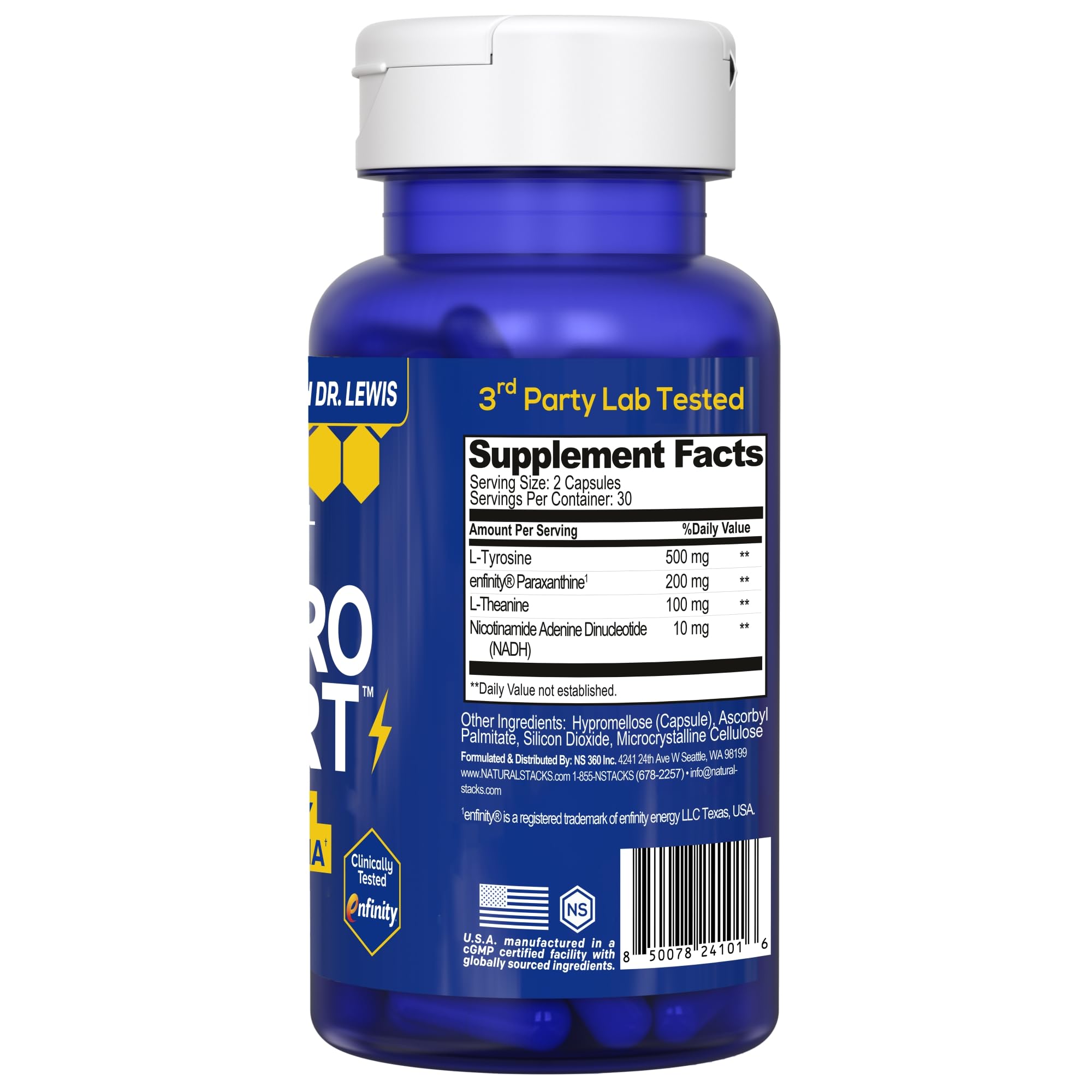 NATURAL STACKS NeuroAlert supplement bottle with a glass of water