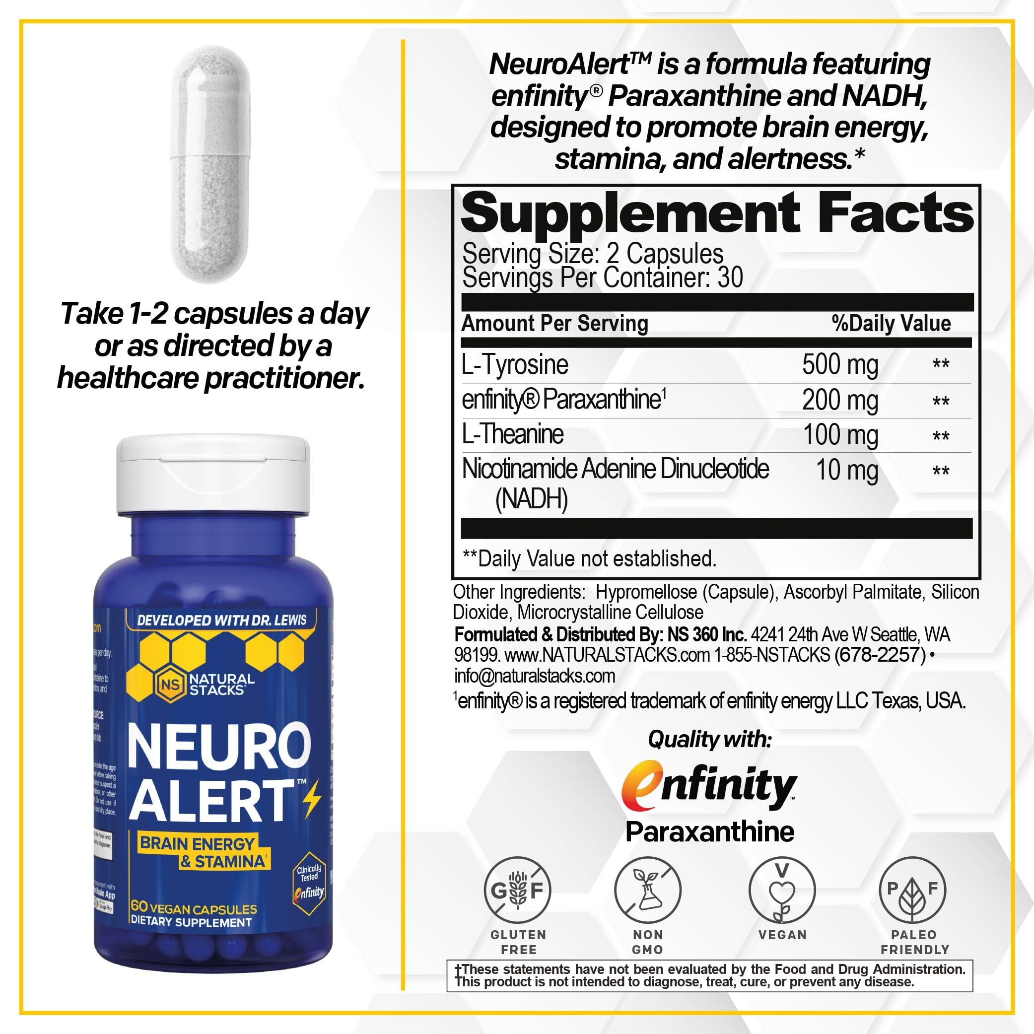 NATURAL STACKS NeuroAlert supplement side view showing ingredients