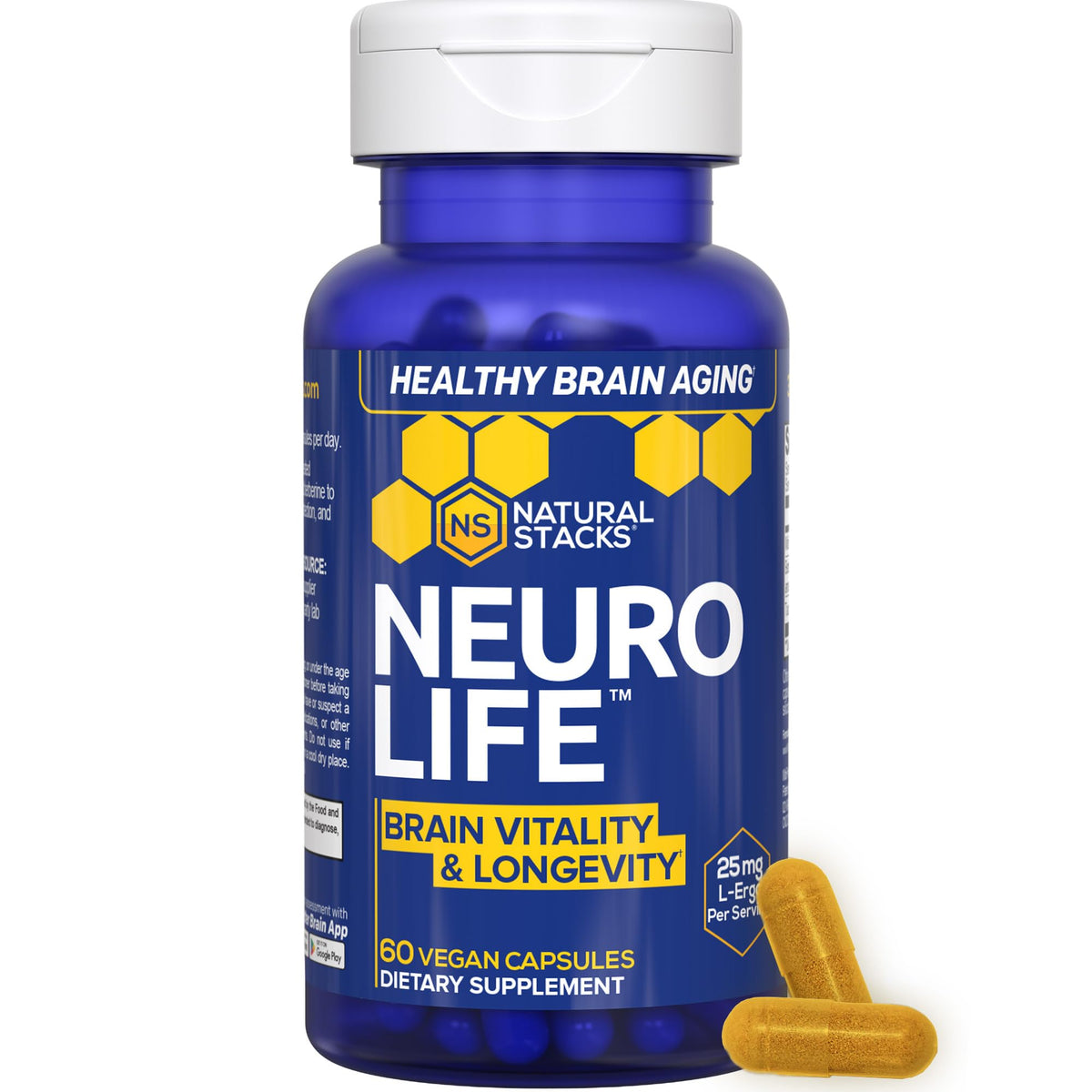 NATURAL STACKS NeuroLife Brain Supplement front view with packaging