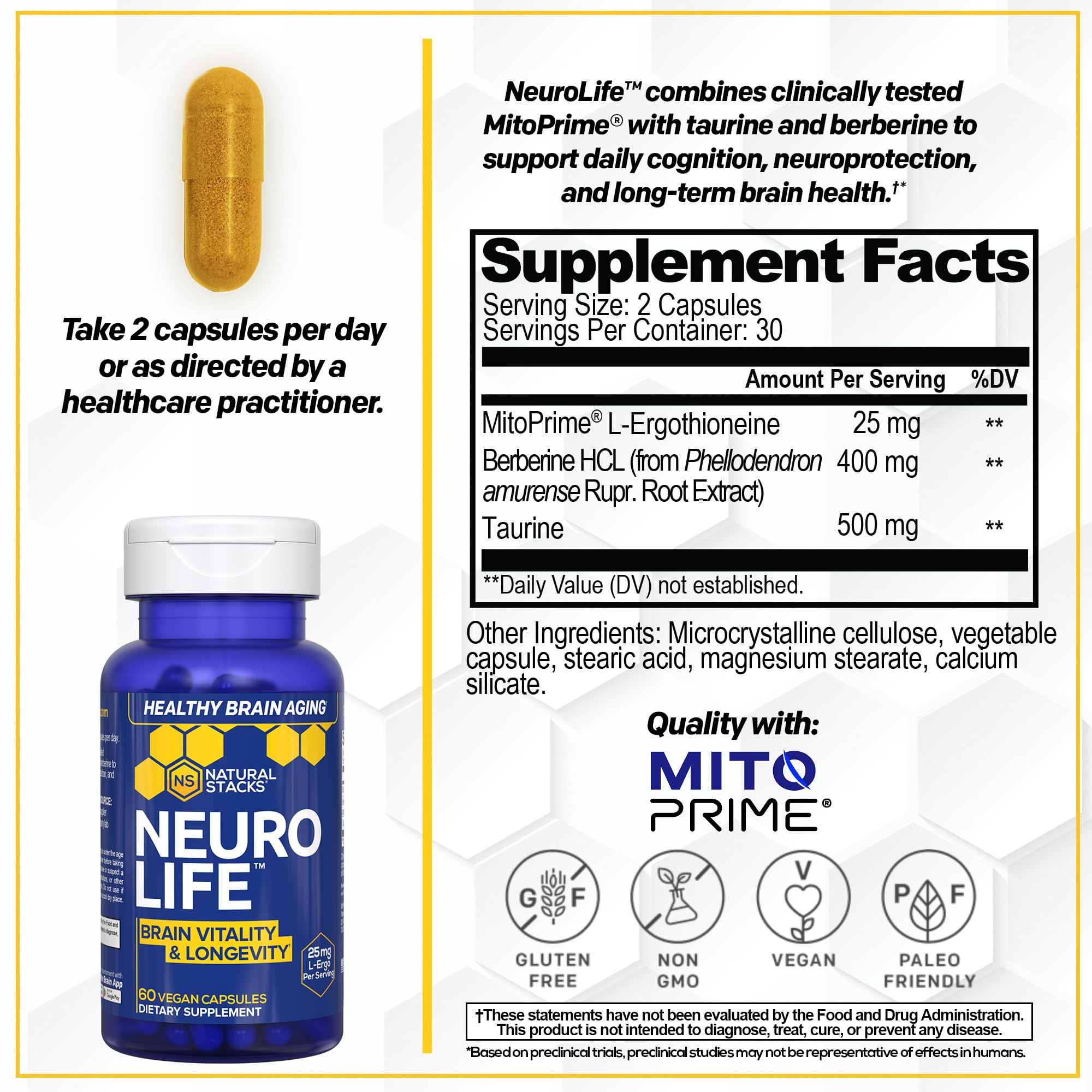 NATURAL STACKS NeuroLife Brain Supplement side view showing capsule
