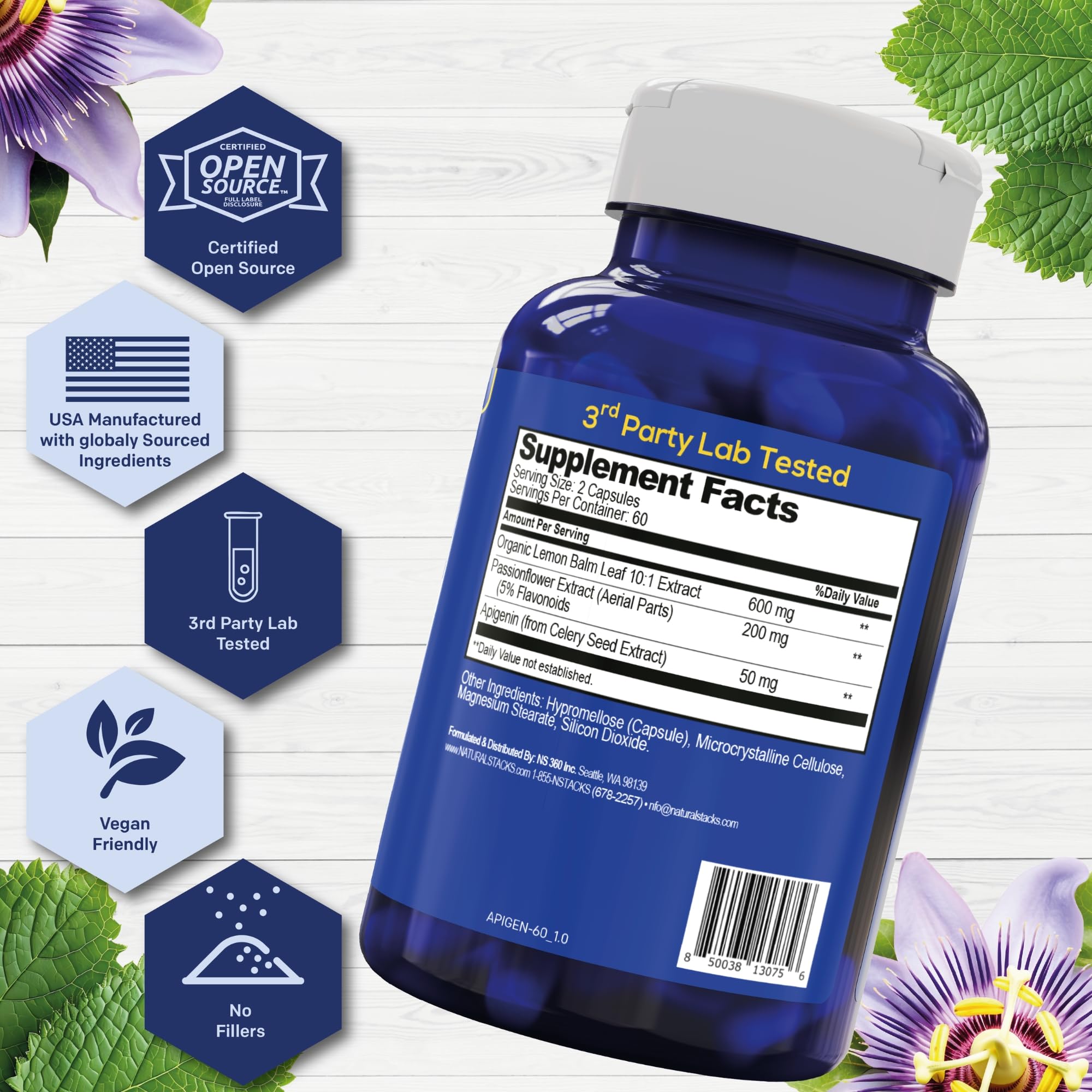 NATURAL STACKS Smart Apigenin Sleep Supplement 120 Count Capsules side view