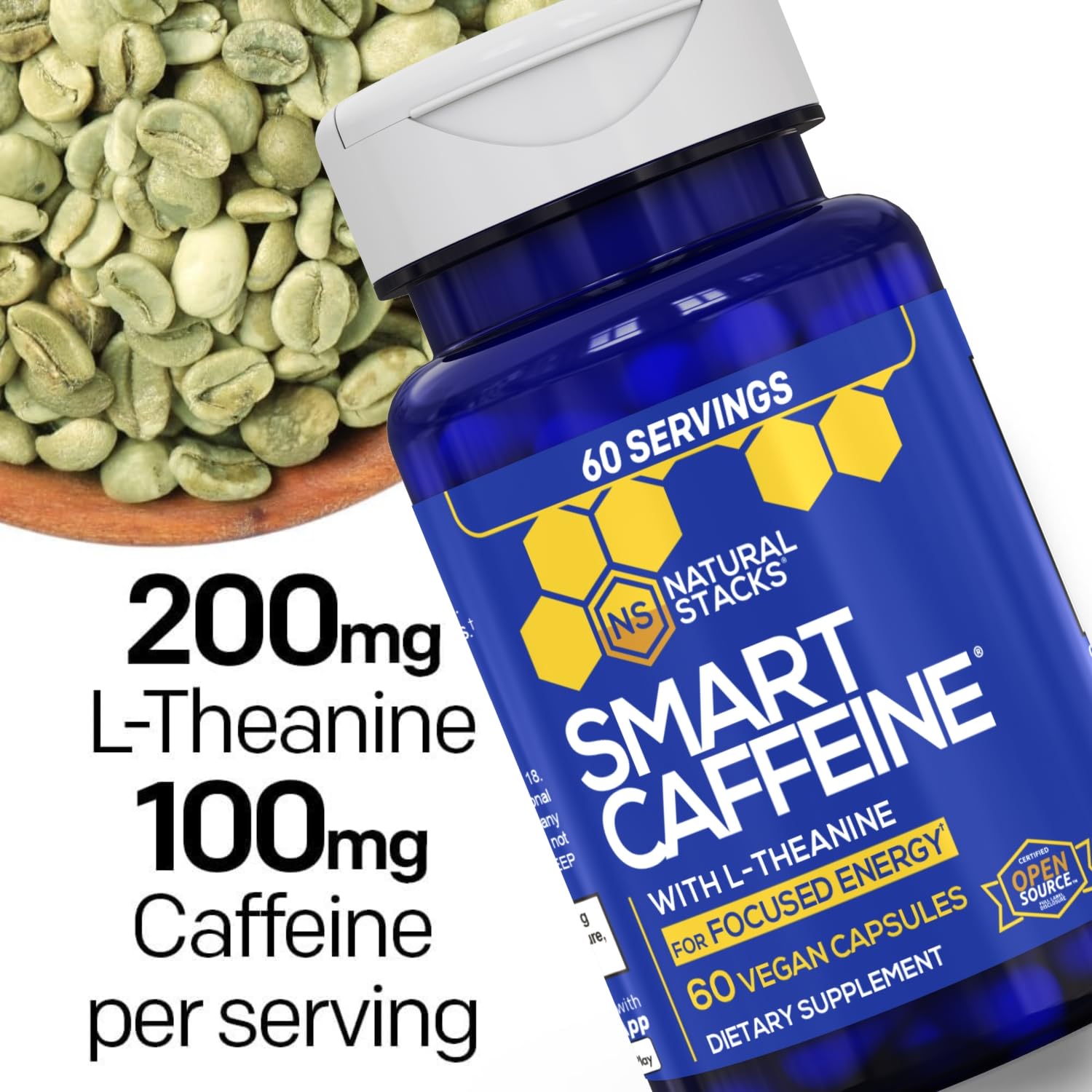 NATURAL STACKS Smart Caffeine Supplement back view with nutritional information