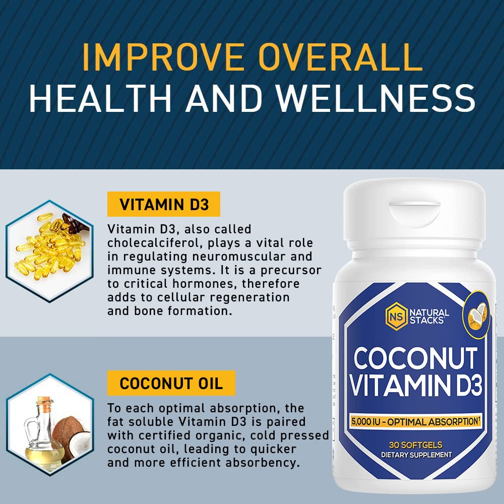 NATURAL STACKS Vitamin D3 Softgels lifestyle shot with coconut oil