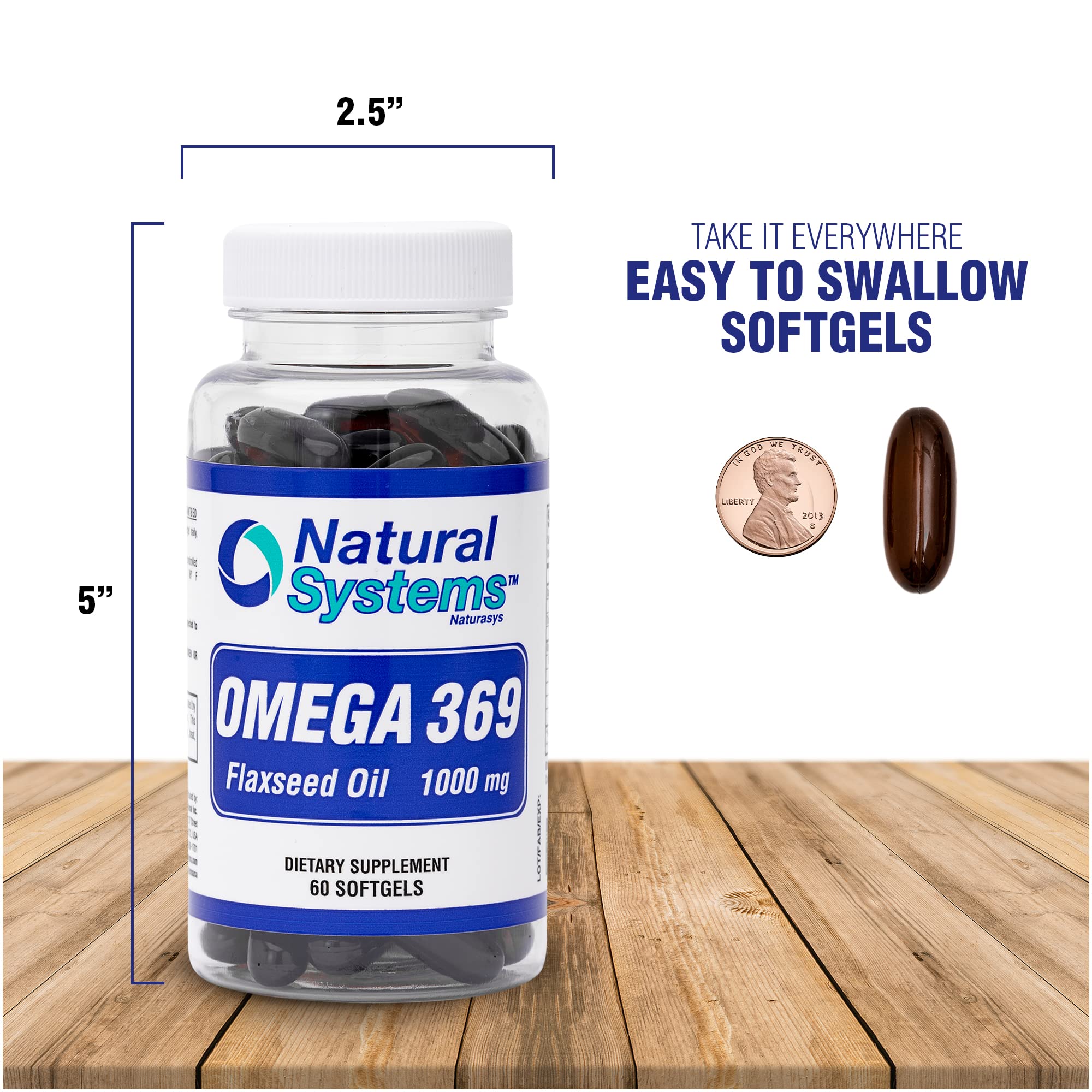 Natural Systems Flax Seed Oil Omega 3 6 9 Softgels on wooden table