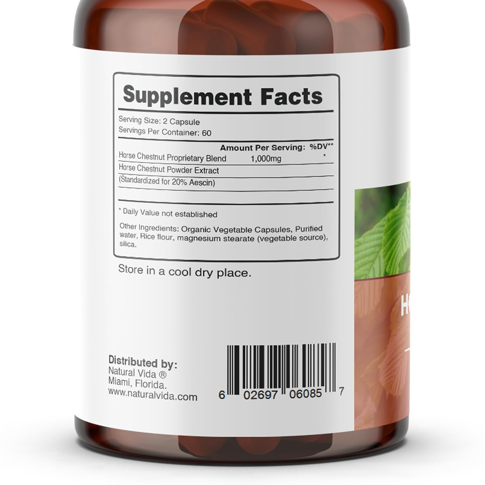 Natural Vida Horse Chestnut bottle back view with ingredients