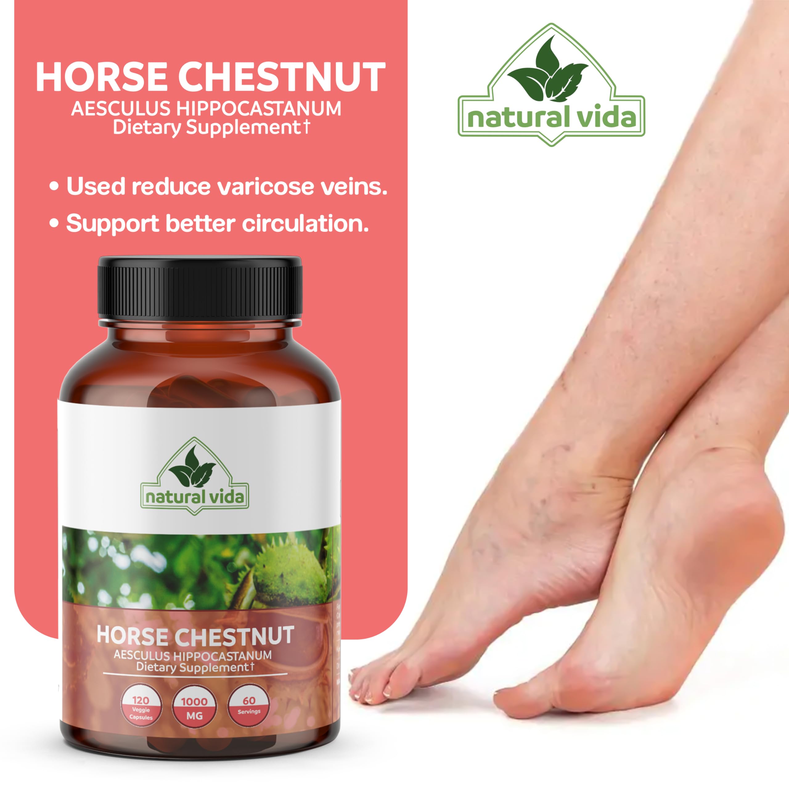 Natural Vida Horse Chestnut capsules on a wooden table