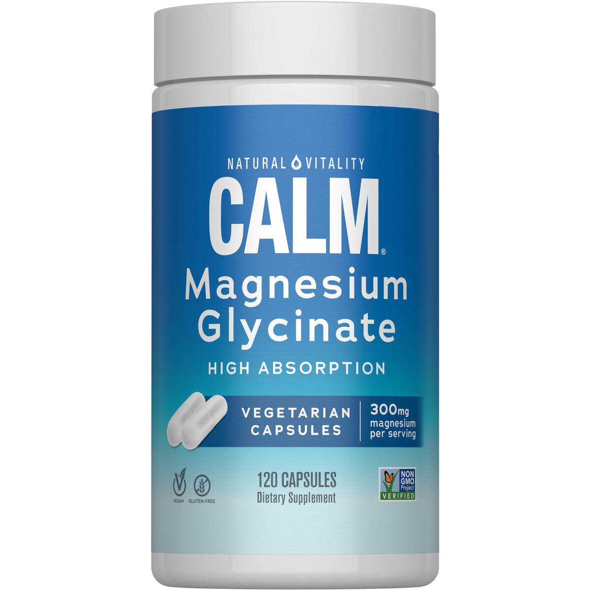 Natural Vitality Calm Magnesium 120 CT vegan capsules front view