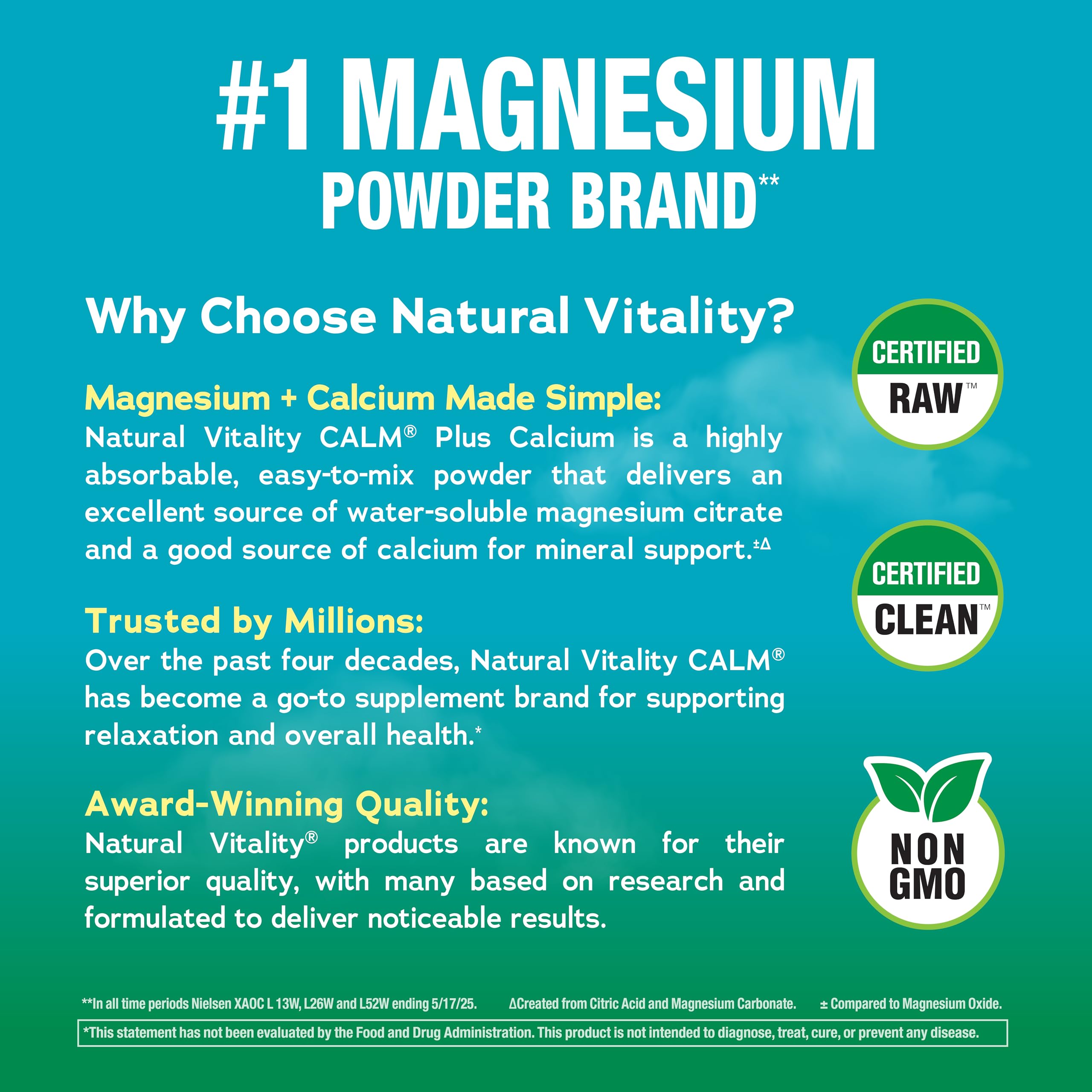 Natural Vitality CALM Magnesium Drink Mix powder in a glass with water