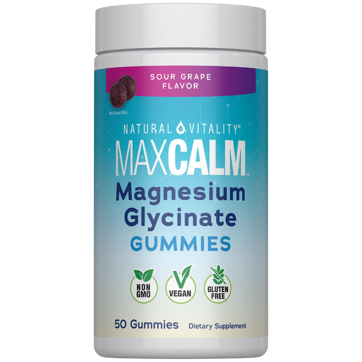 Natural Vitality CALM Magnesium Glycinate Gummies front view, sour grape flavour
