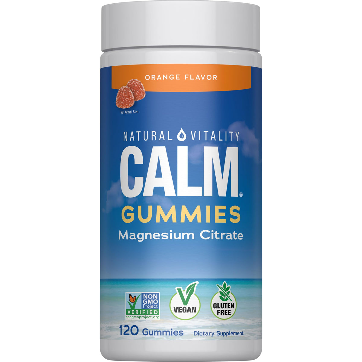 Natural Vitality Calm Magnesium Gummies 120 count orange flavour front view