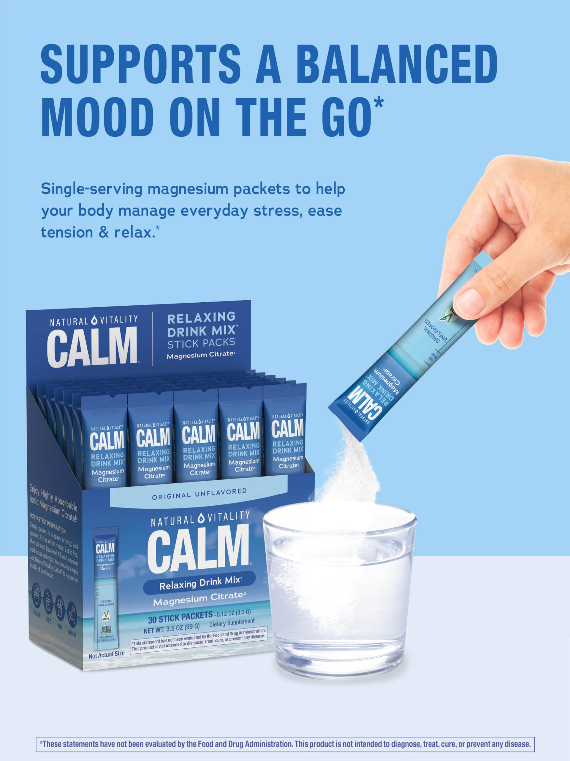 Natural Vitality Calm Magnesium Powder 28g with glass of water