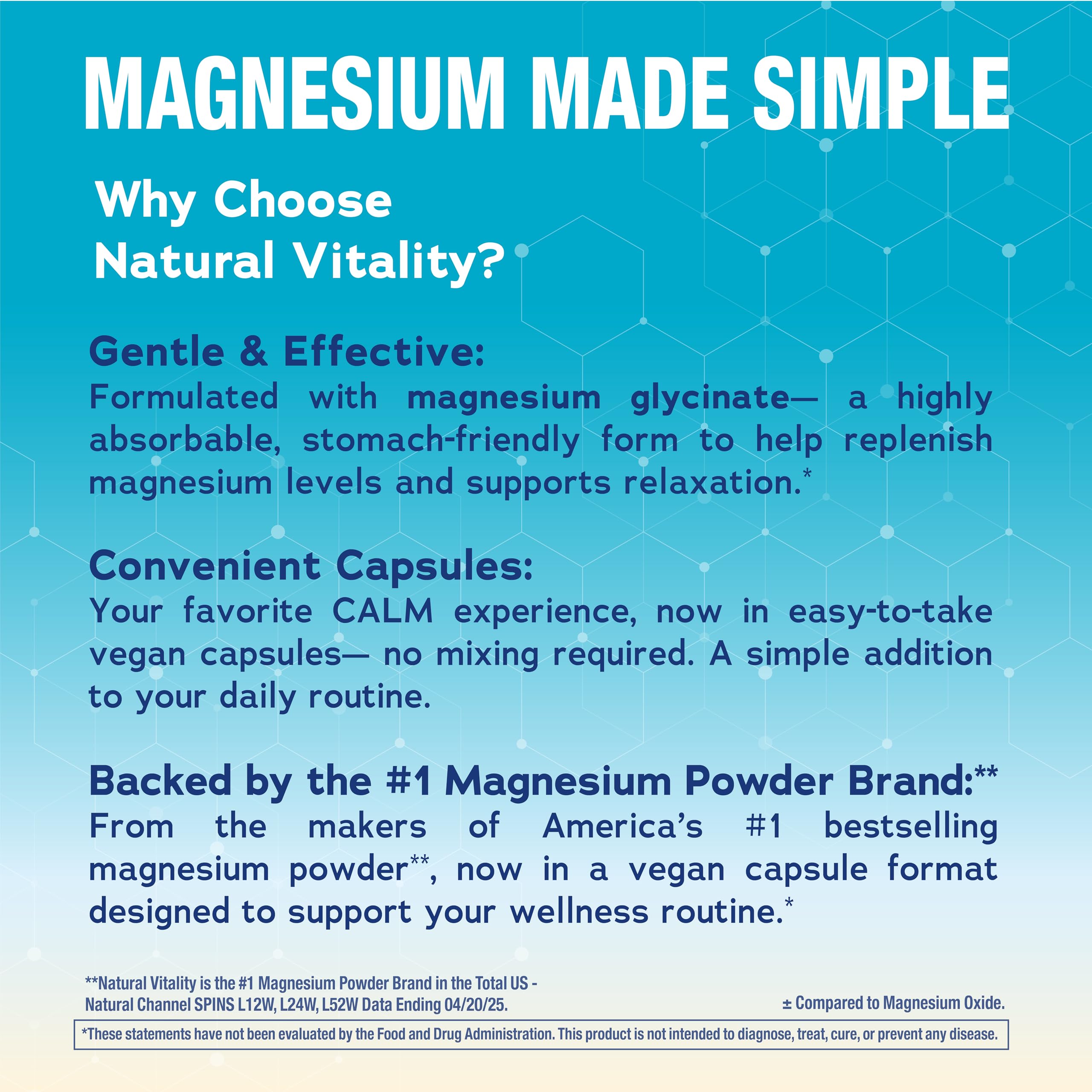 Natural Vitality Calm Magnesium Supplement Capsules on a table with a glass of water