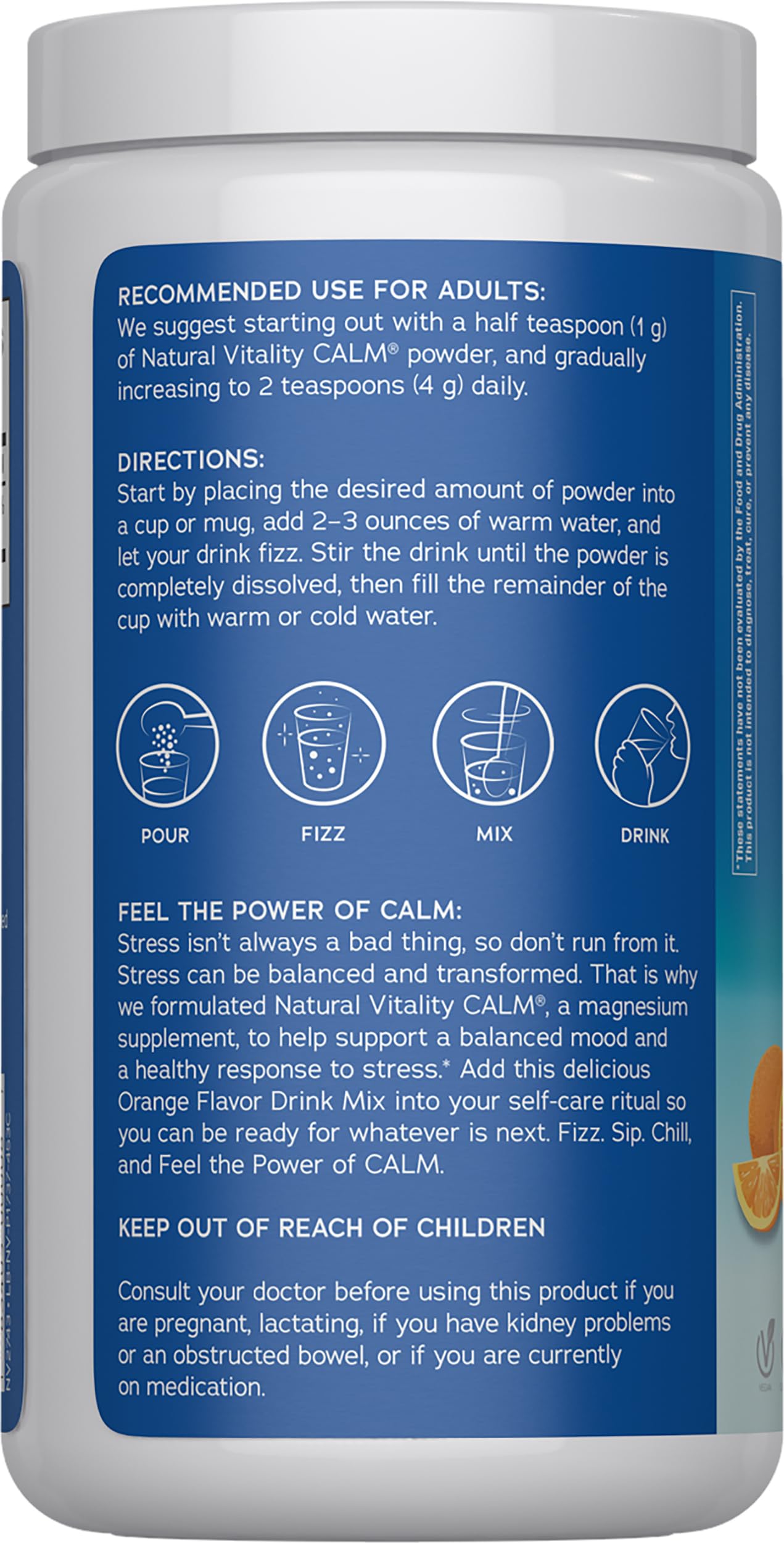 Natural Vitality CALM Magnesium Supplement Drink Mix 454g orange powder in glass