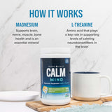 Natural Vitality CALM Mind Magnesium Supplement Drink Mix 340g served with honey chamomile tea