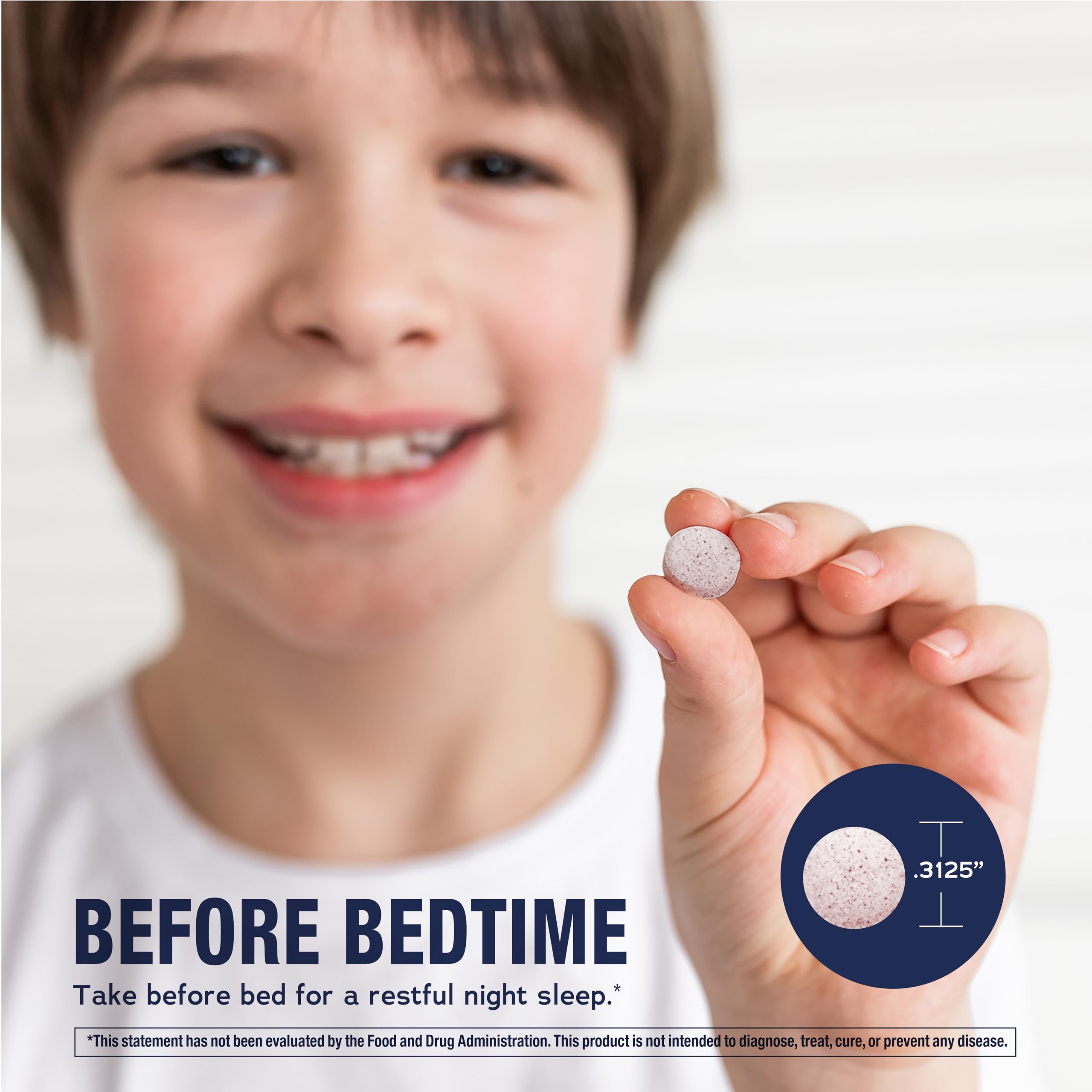 Natural Vitality Kids CALMSleep™ Chewable Tablets side view showing dosage