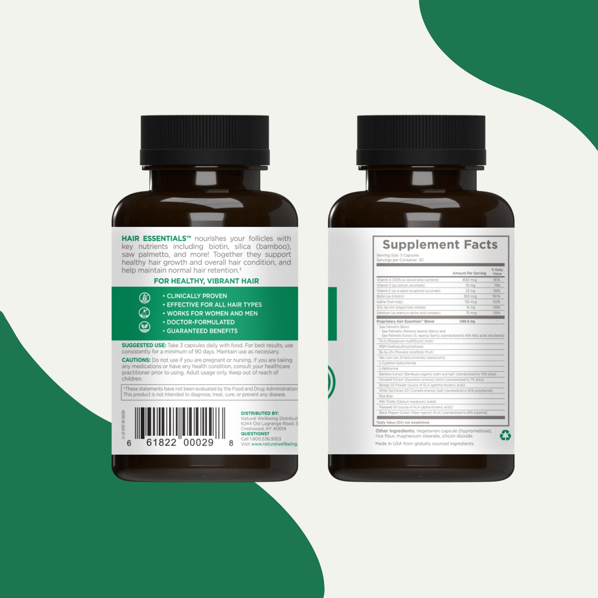 Natural Wellbeing Hair Essentials capsules on a textured surface