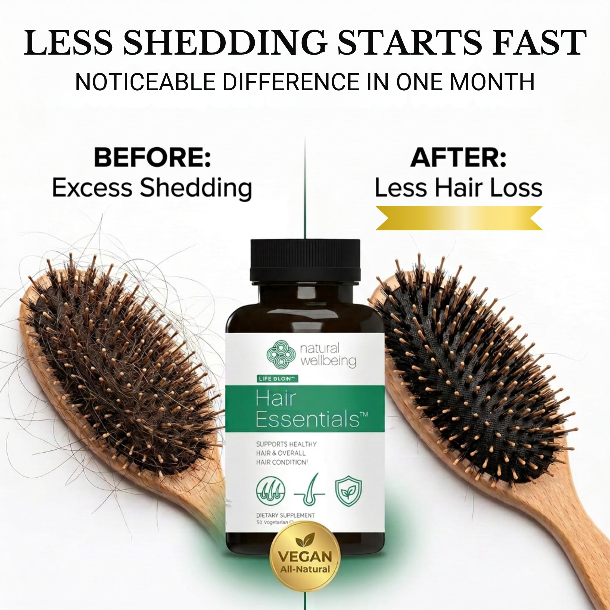 Natural Wellbeing Hair Essentials supplement bottle with a wooden background