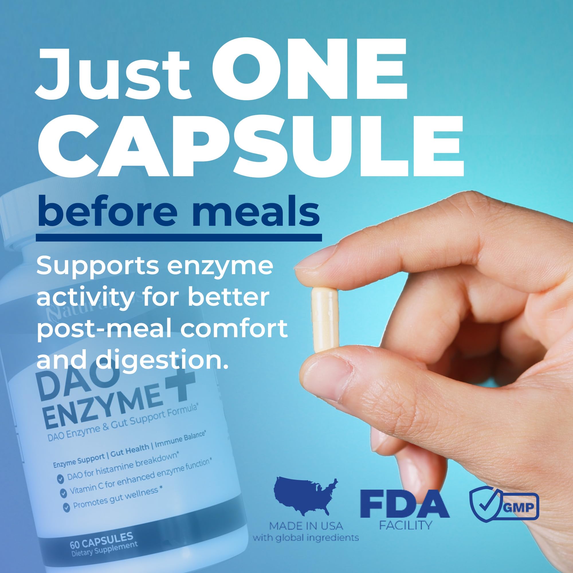 NATURALABS DAO Enzyme+ capsules on a wooden table