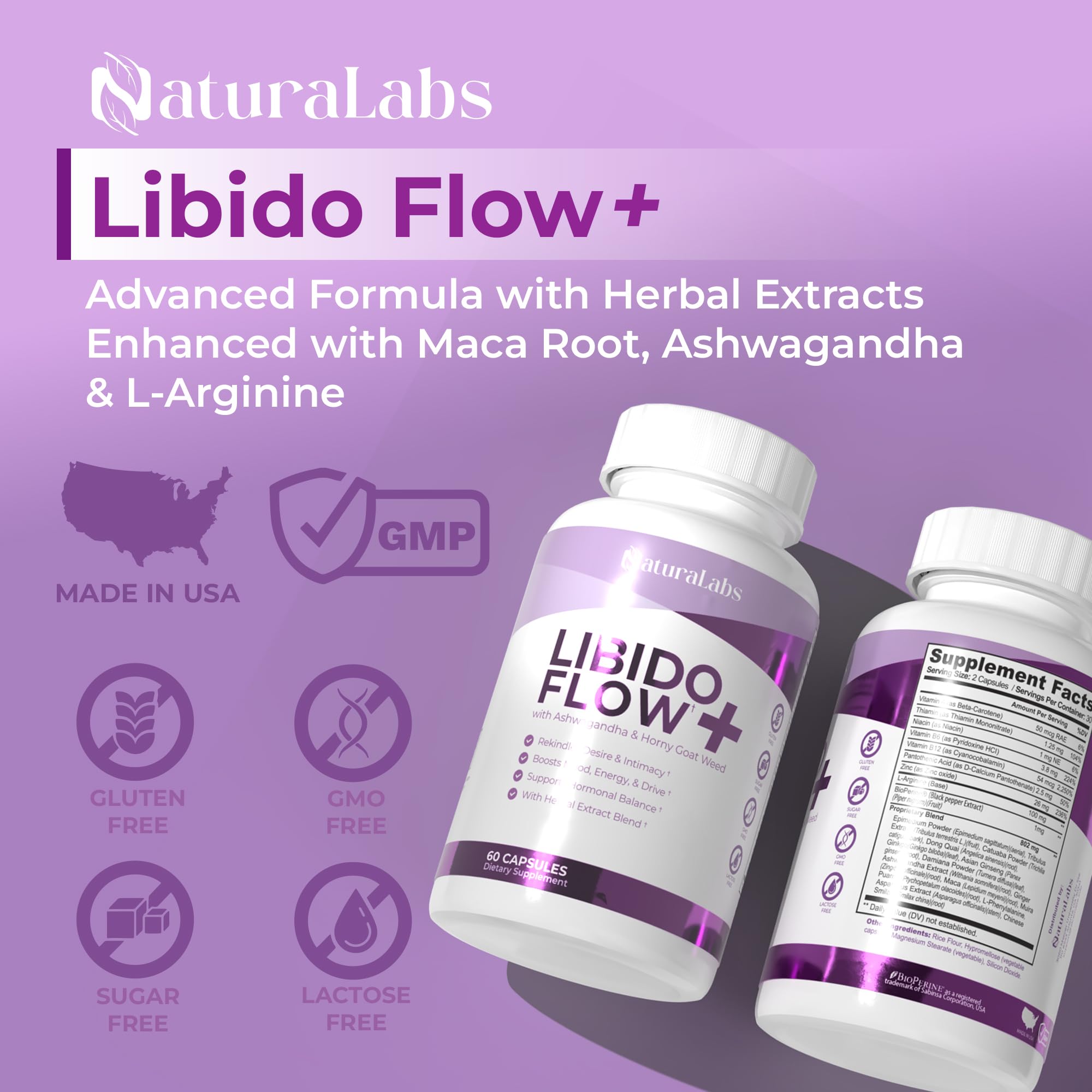 NATURALABS Flow+ Female Vitality Supplement capsules on a wooden surface
