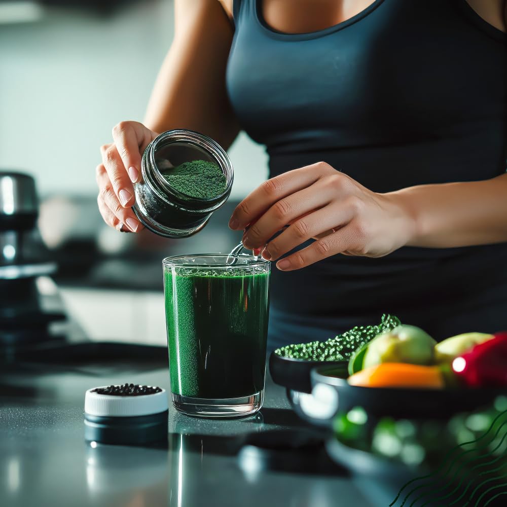 NaturaleBio Organic Spirulina Powder with a spoon