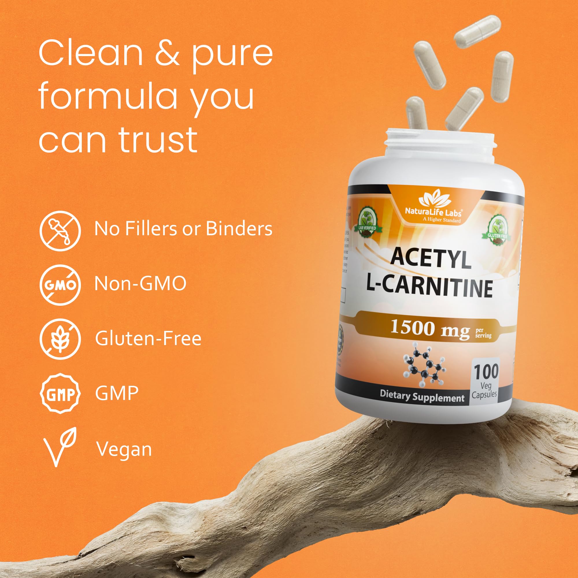 NaturaLife Labs Acetyl L-Carnitine 1500mg vegan capsules close-up
