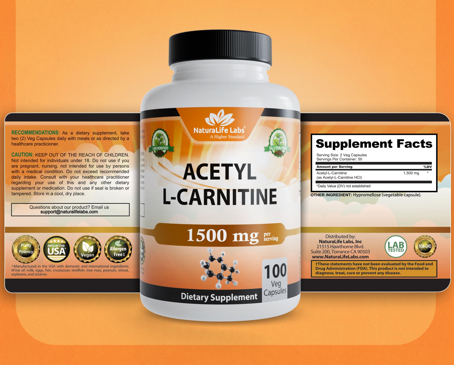 NaturaLife Labs Acetyl L-Carnitine 1500mg vegan capsules packaging details