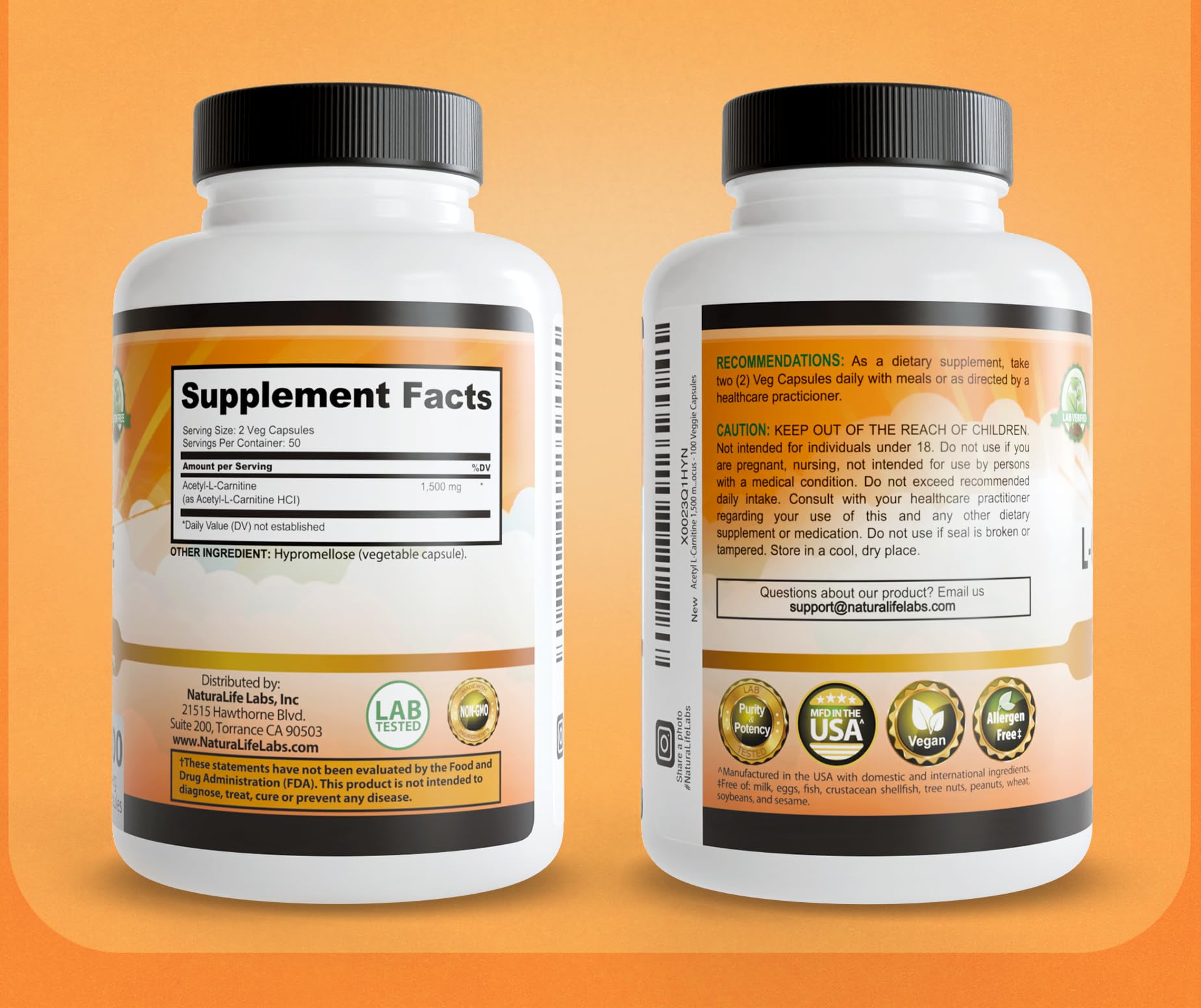 NaturaLife Labs Acetyl L-Carnitine 1500mg vegan capsules with other supplements