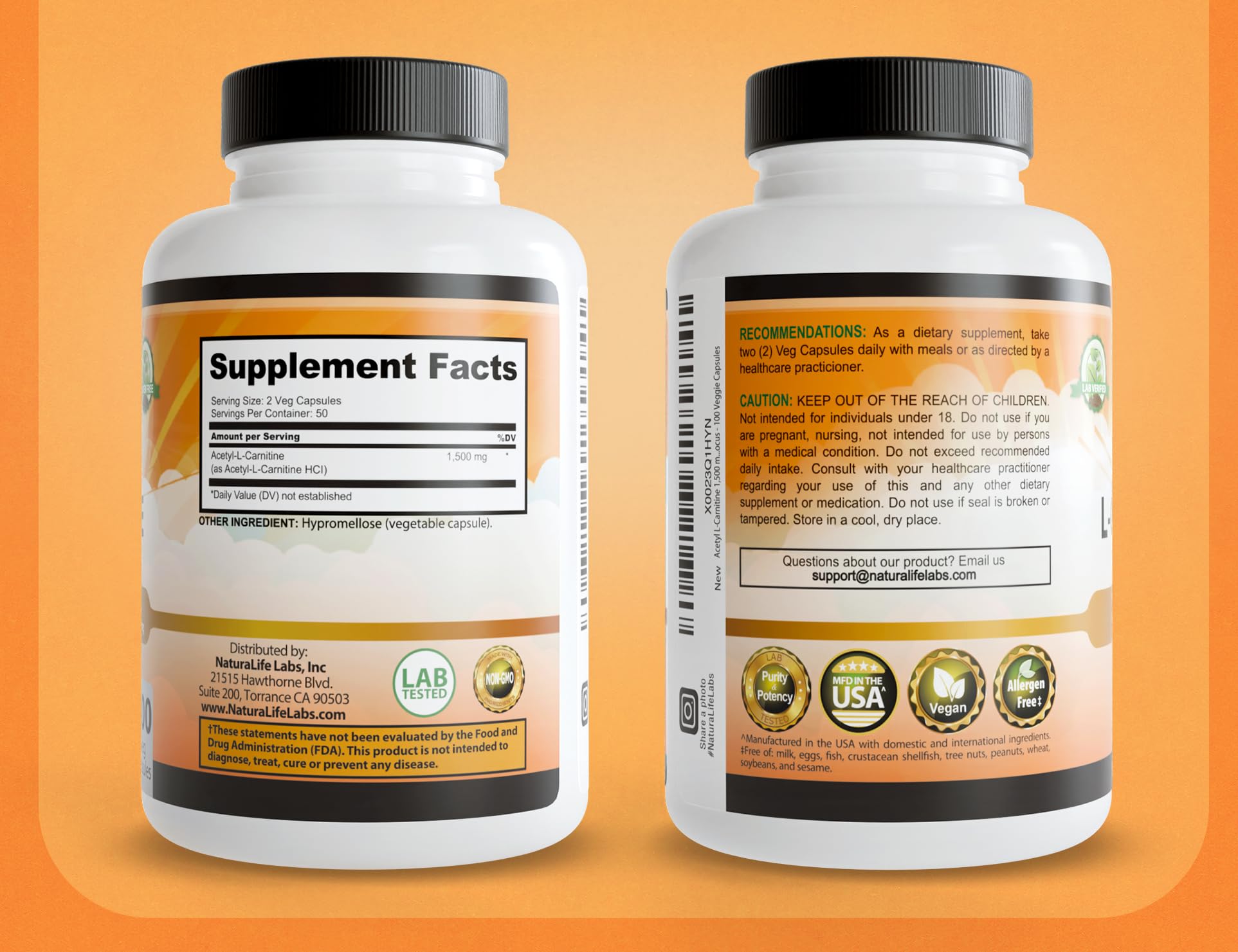 NaturaLife Labs Acetyl L-Carnitine capsules next to a glass of water