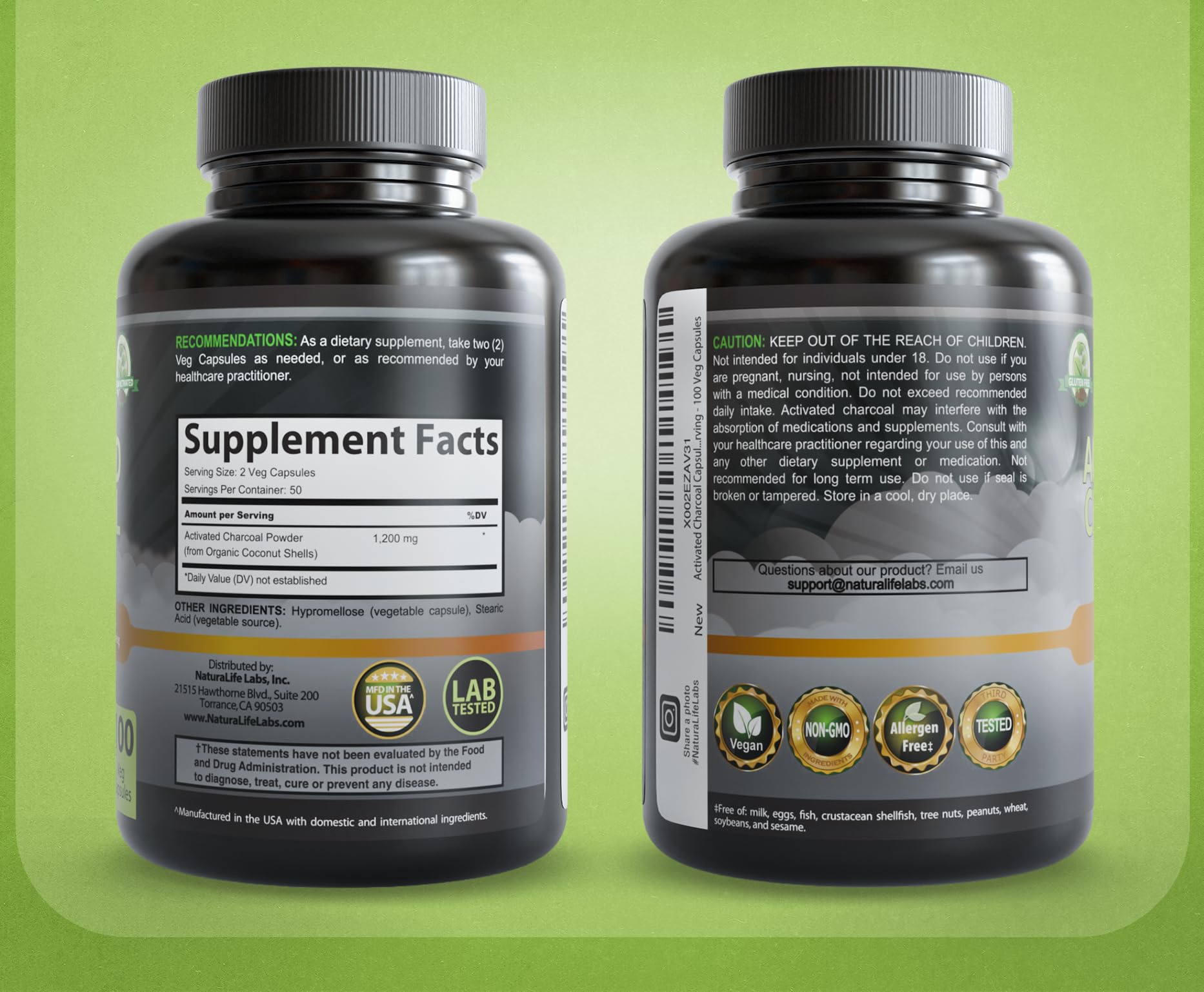 NaturaLife Labs Activated Charcoal Capsules back view showing ingredients